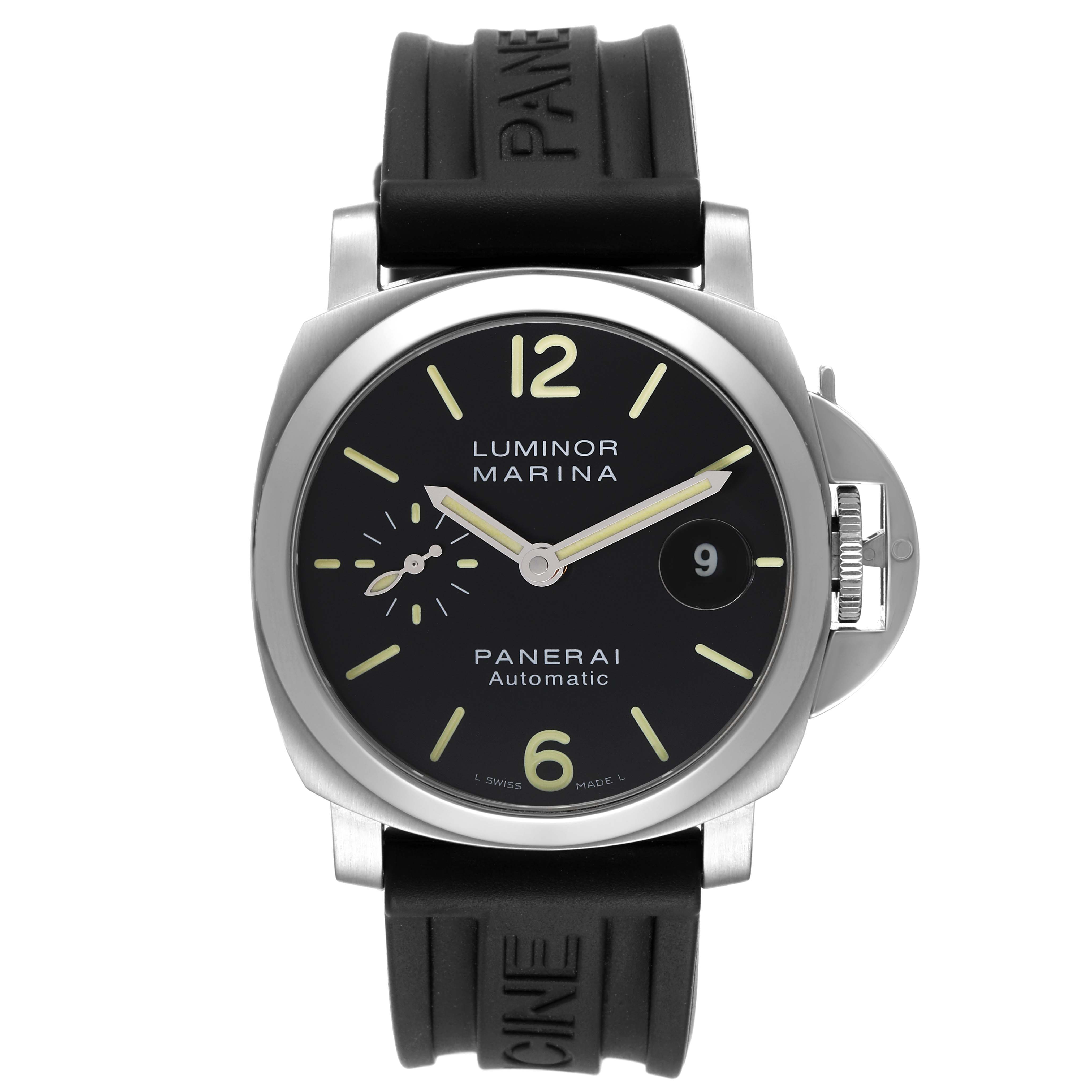 The image shows a front view of the Panerai Luminor PAM00048 Men
s Stainless Steel Black Dial PAM00048 Men
s Stainless Steel Black Dial Marina watch, featuring its dial, case, and rubber strap.