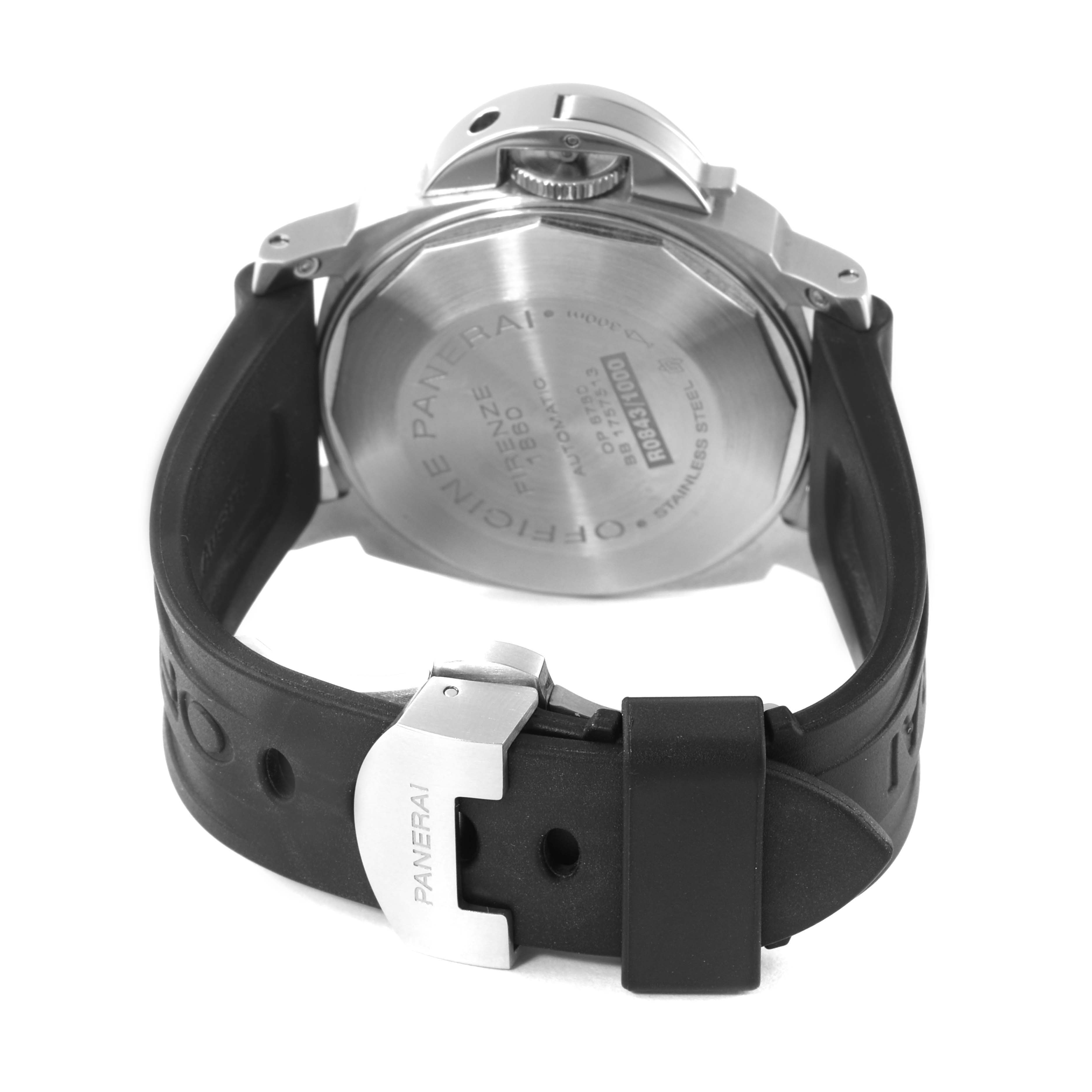 The image shows the back view of a Panerai Luminor PAM00048 Men
s Stainless Steel Black Dial PAM00048 Men
s Stainless Steel Black Dial watch, highlighting the case back, lugs, and the rubber strap with a clasp buckle.