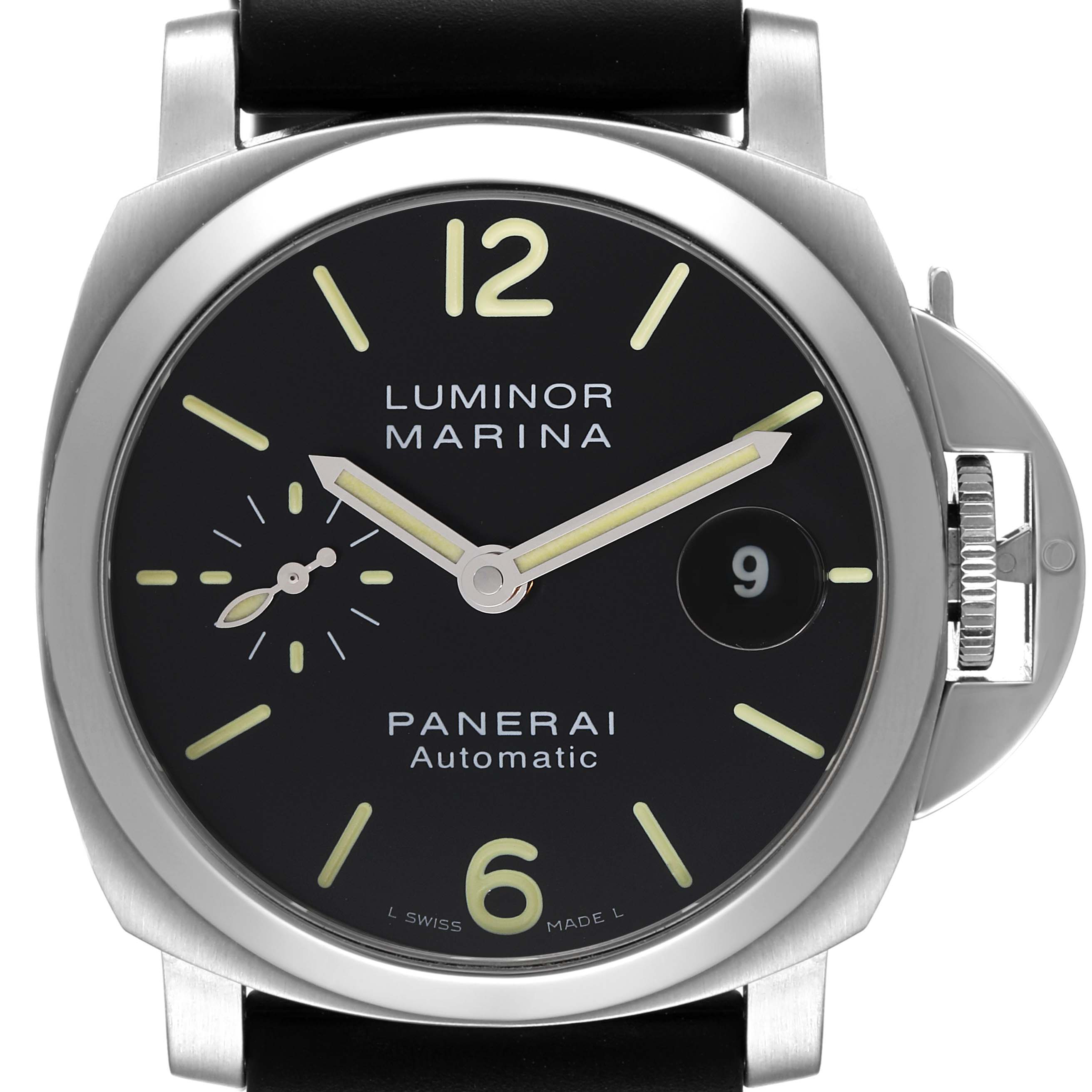This image shows the front view of a Panerai Luminor PAM00048 Men
s Stainless Steel Black Dial PAM00048 Men
s Stainless Steel Black Dial Marina watch, highlighting its dial, hands, and date window.