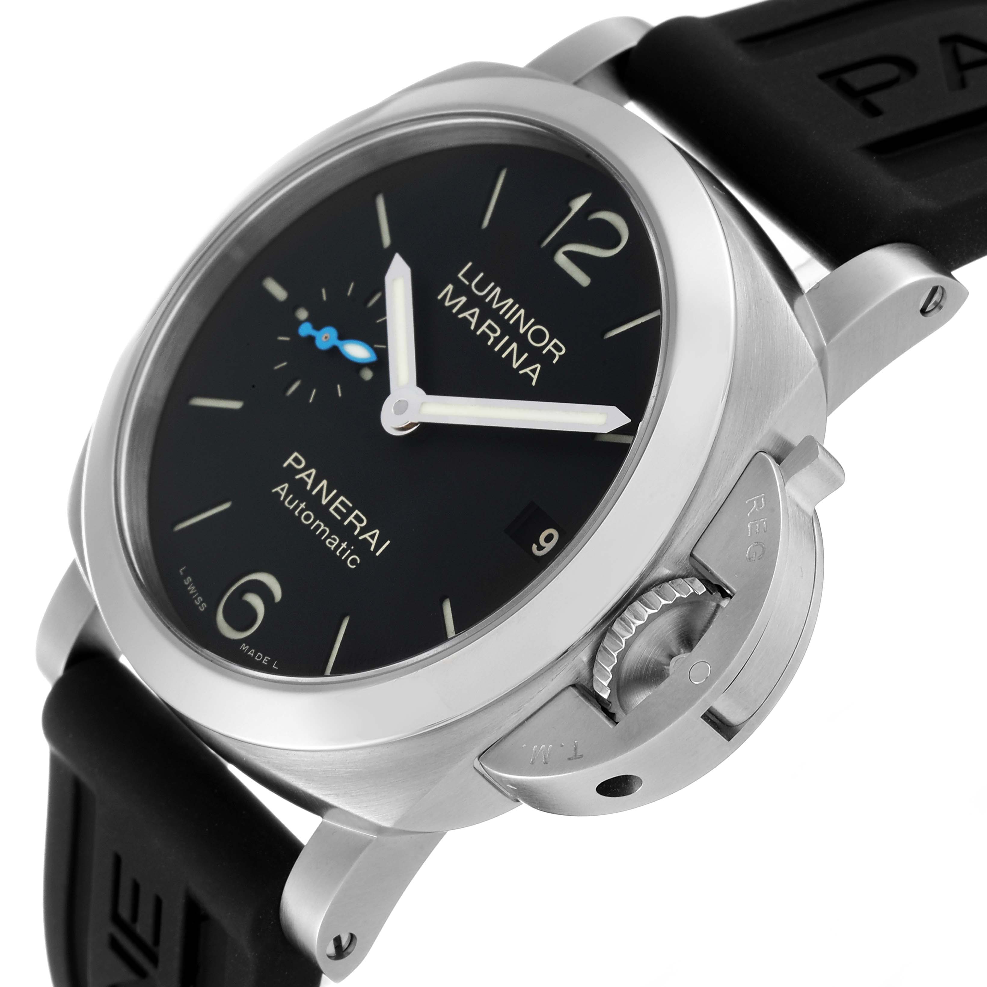 The image shows a close-up angle of the Panerai Luminor PAM01372 Men
s Stainless Steel Black Dial PAM01372 Men
s Stainless Steel Black Dial Marina watch, highlighting its dial, crown guard, and black rubber strap.