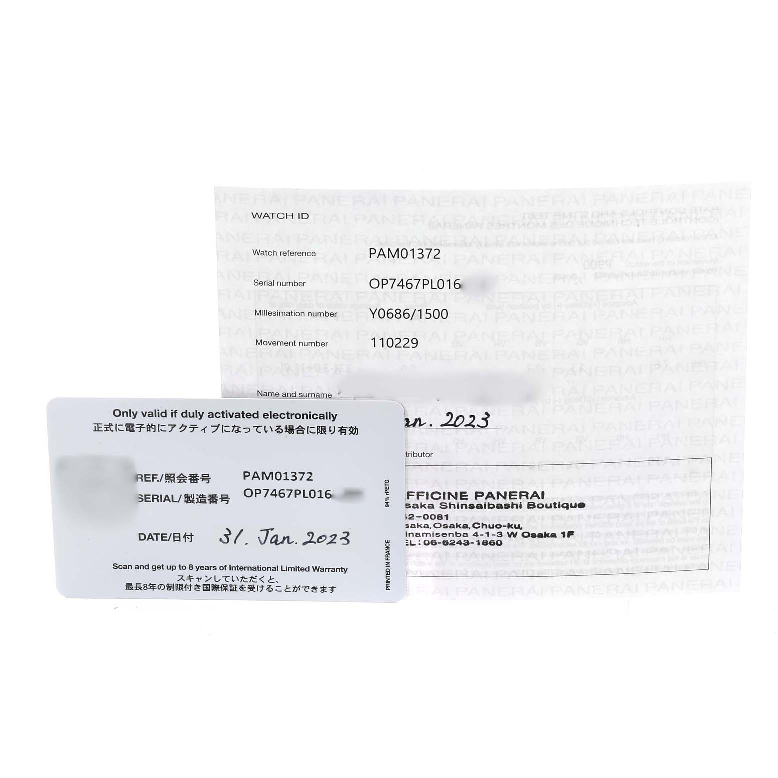 Shown are identification documents for the Panerai Luminor PAM01372 Men
s Stainless Steel Black Dial PAM01372 Men
s Stainless Steel Black Dial model PAM01372, including a warranty card and certificate with serial numbers.