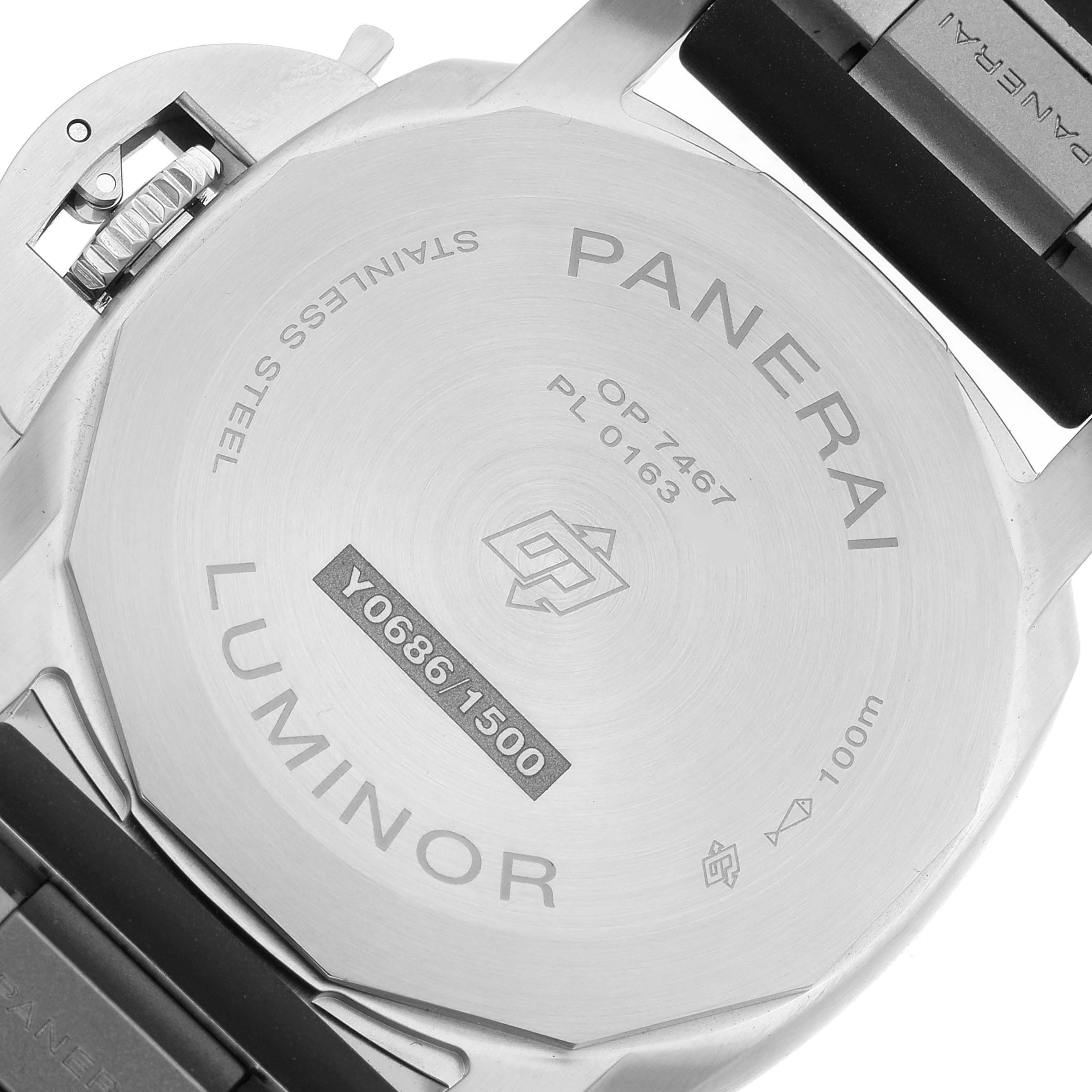 This image shows the case back of the Panerai Luminor PAM01372 Men
s Stainless Steel Black Dial PAM01372 Men
s Stainless Steel Black Dial watch, displaying its engravings and part of the strap.