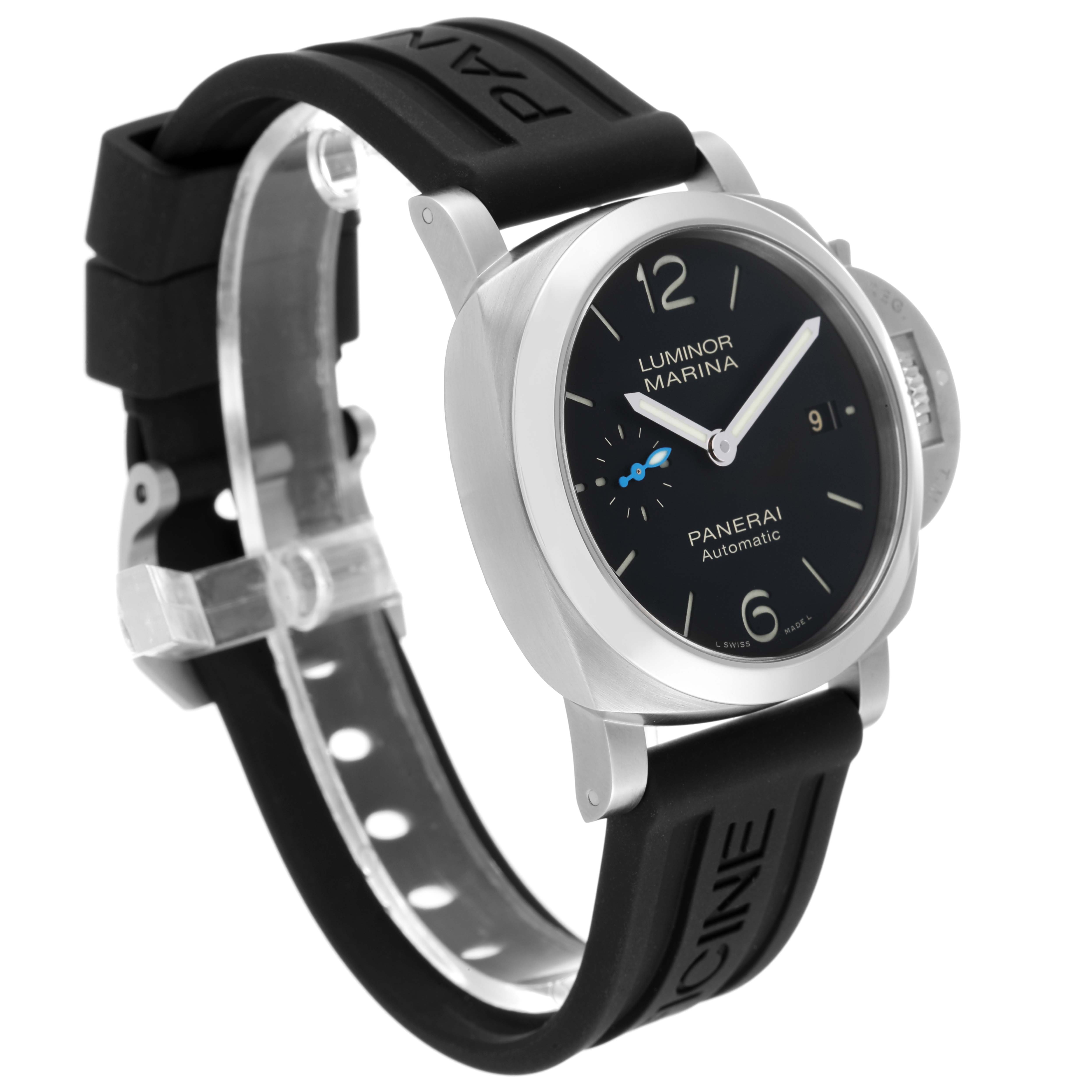 The image shows a side-angle view of a Panerai Luminor PAM01372 Men
s Stainless Steel Black Dial PAM01372 Men
s Stainless Steel Black Dial Marina watch, featuring its black dial and silicone strap.