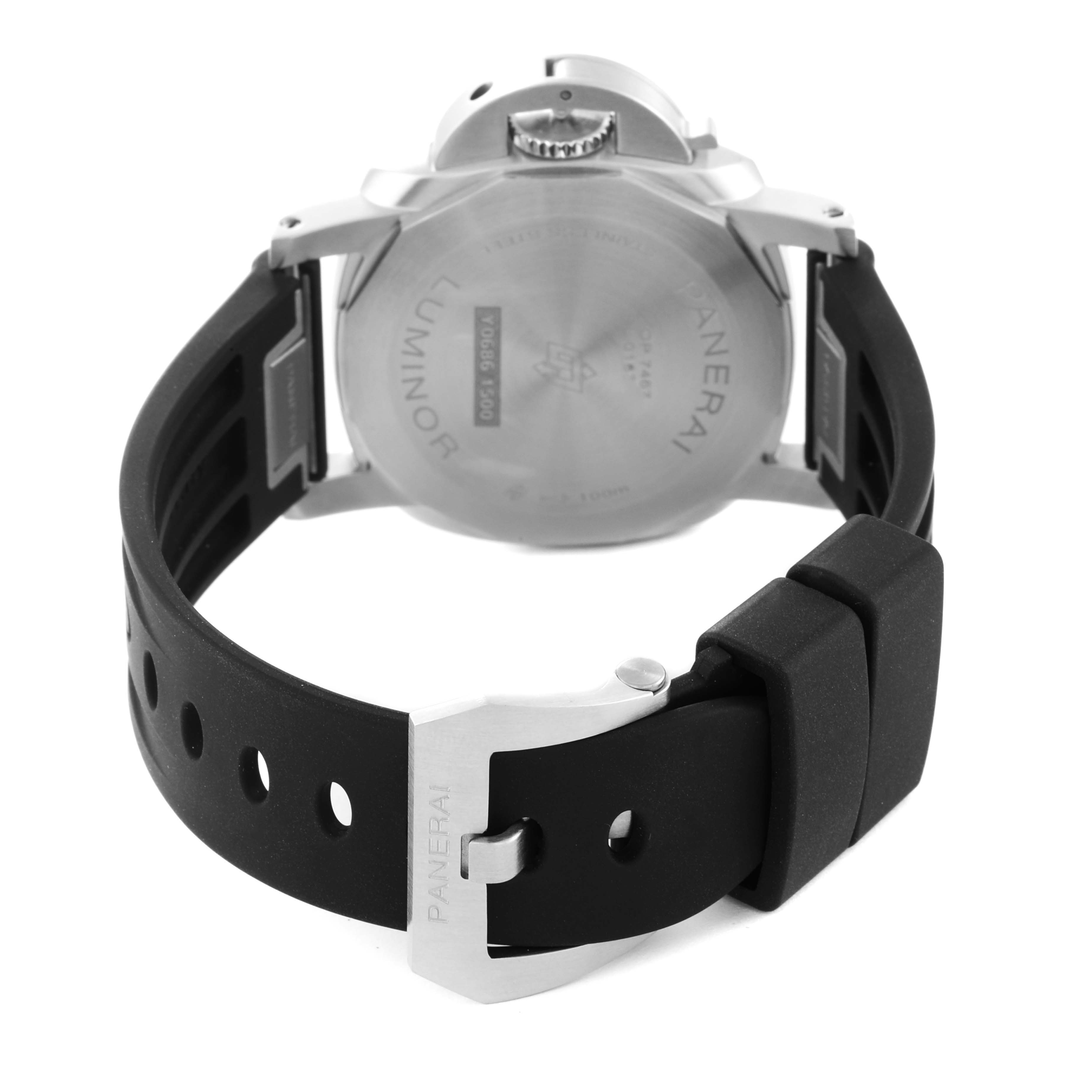 The image shows the back view of the Panerai Luminor PAM01372 Men
s Stainless Steel Black Dial PAM01372 Men
s Stainless Steel Black Dial watch, including the case back, crown, and black strap with the clasp.
