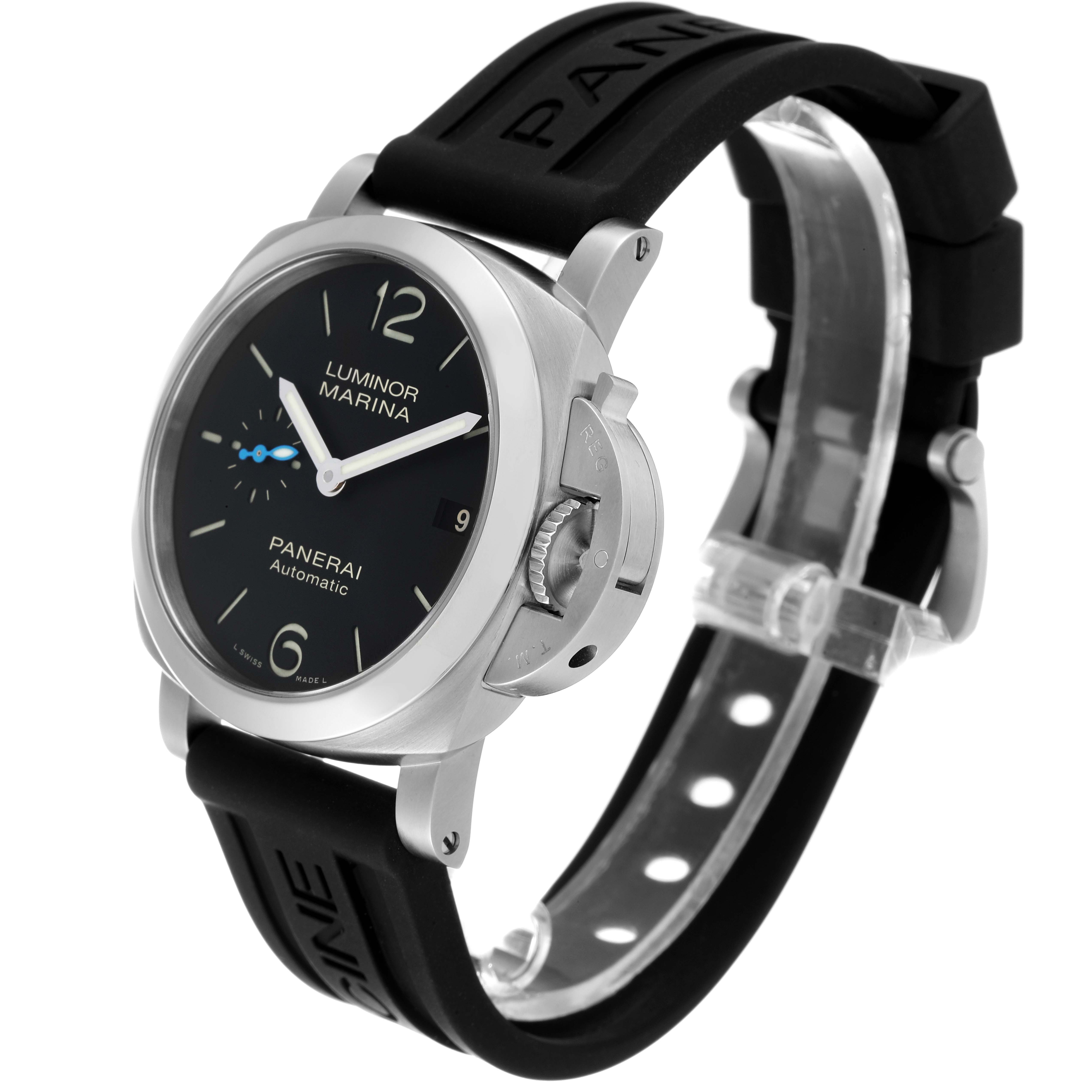 The image shows a Panerai Luminor PAM01372 Men
s Stainless Steel Black Dial PAM01372 Men
s Stainless Steel Black Dial Marina watch at a three-quarter angle, highlighting its face, bezel, crown guard, and black rubber strap.