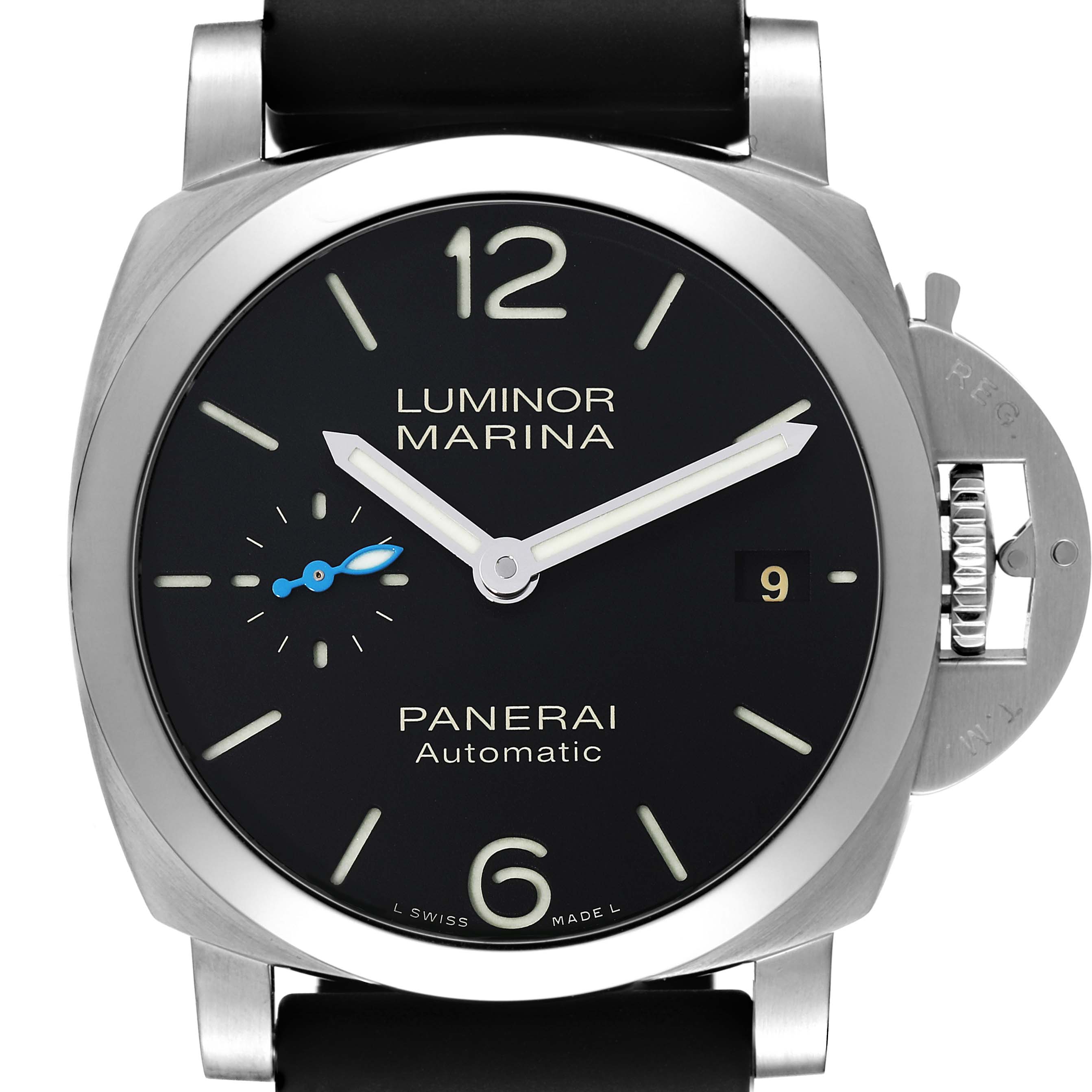 The image shows a front view of a Panerai Luminor PAM01372 Men
s Stainless Steel Black Dial PAM01372 Men
s Stainless Steel Black Dial Marina watch, highlighting its dial, hands, and crown guard.