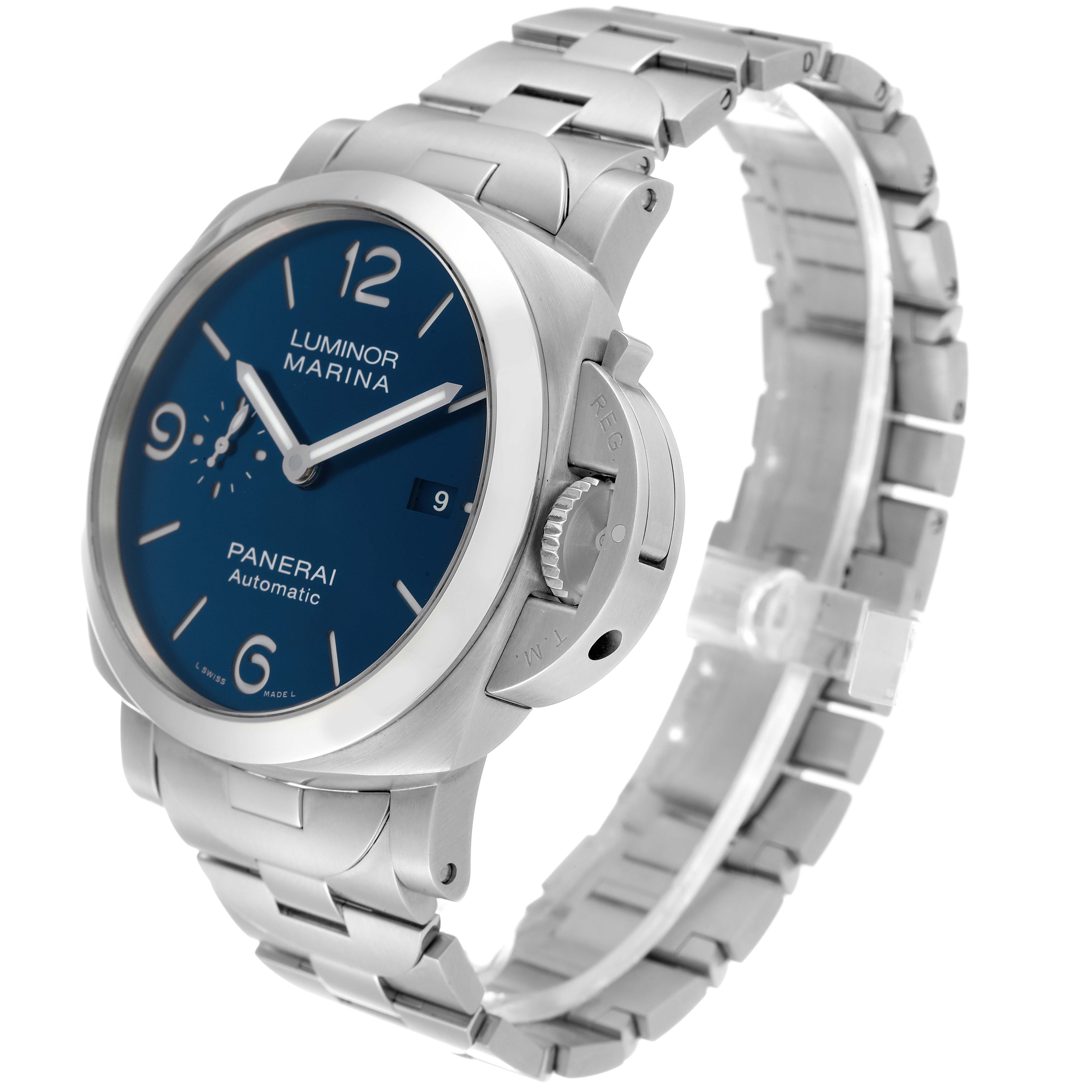 The image shows a Panerai Luminor PAM01316 Men
s Stainless Steel Blue Dial PAM01316 Men
s Stainless Steel Blue Dial Marina watch at a three-quarter angle, highlighting its stainless steel case, bracelet, and blue dial.