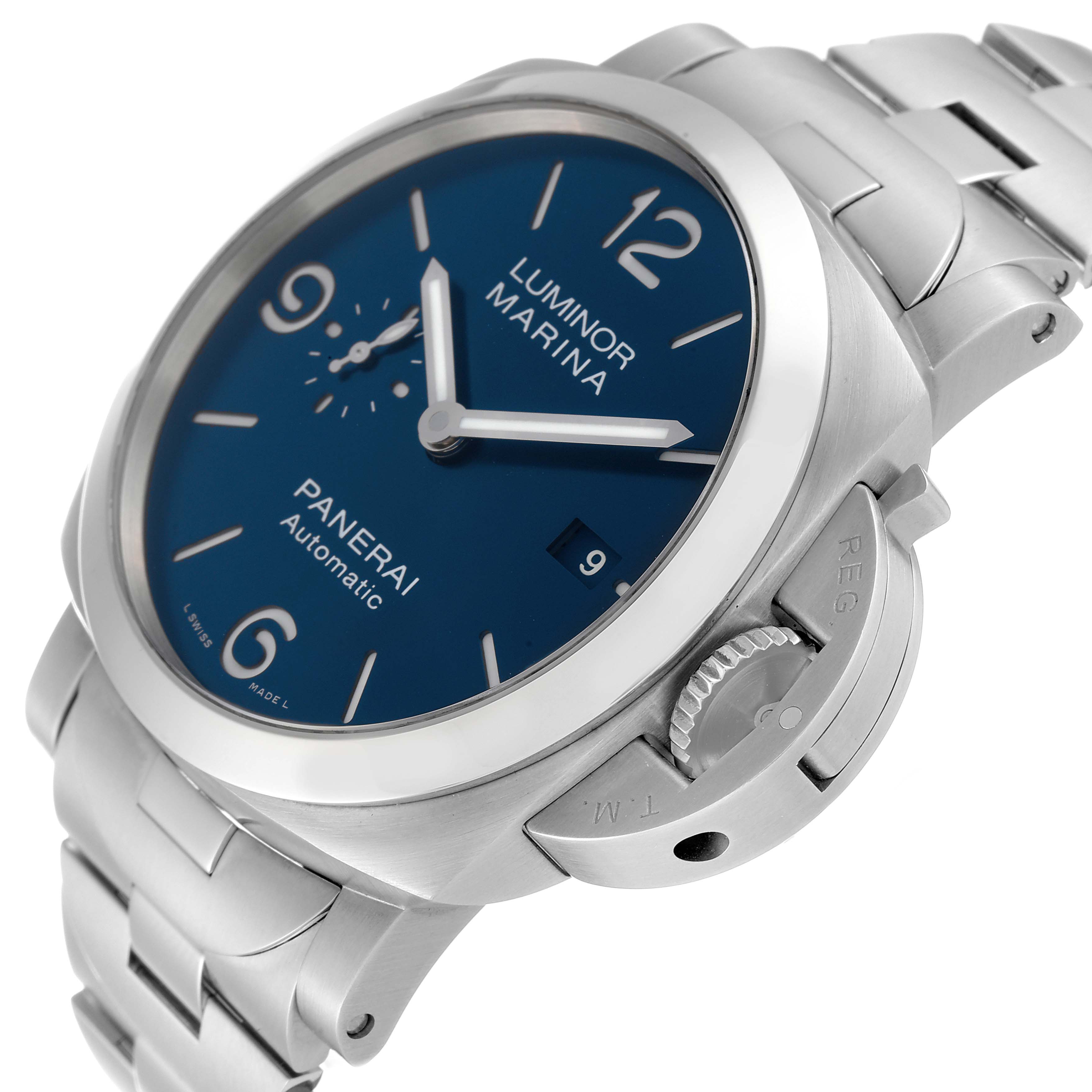 The image shows a close-up, angled view of the Panerai Luminor PAM01316 Men
s Stainless Steel Blue Dial PAM01316 Men
s Stainless Steel Blue Dial Marina watch, highlighting the dial, crown, and bracelet.