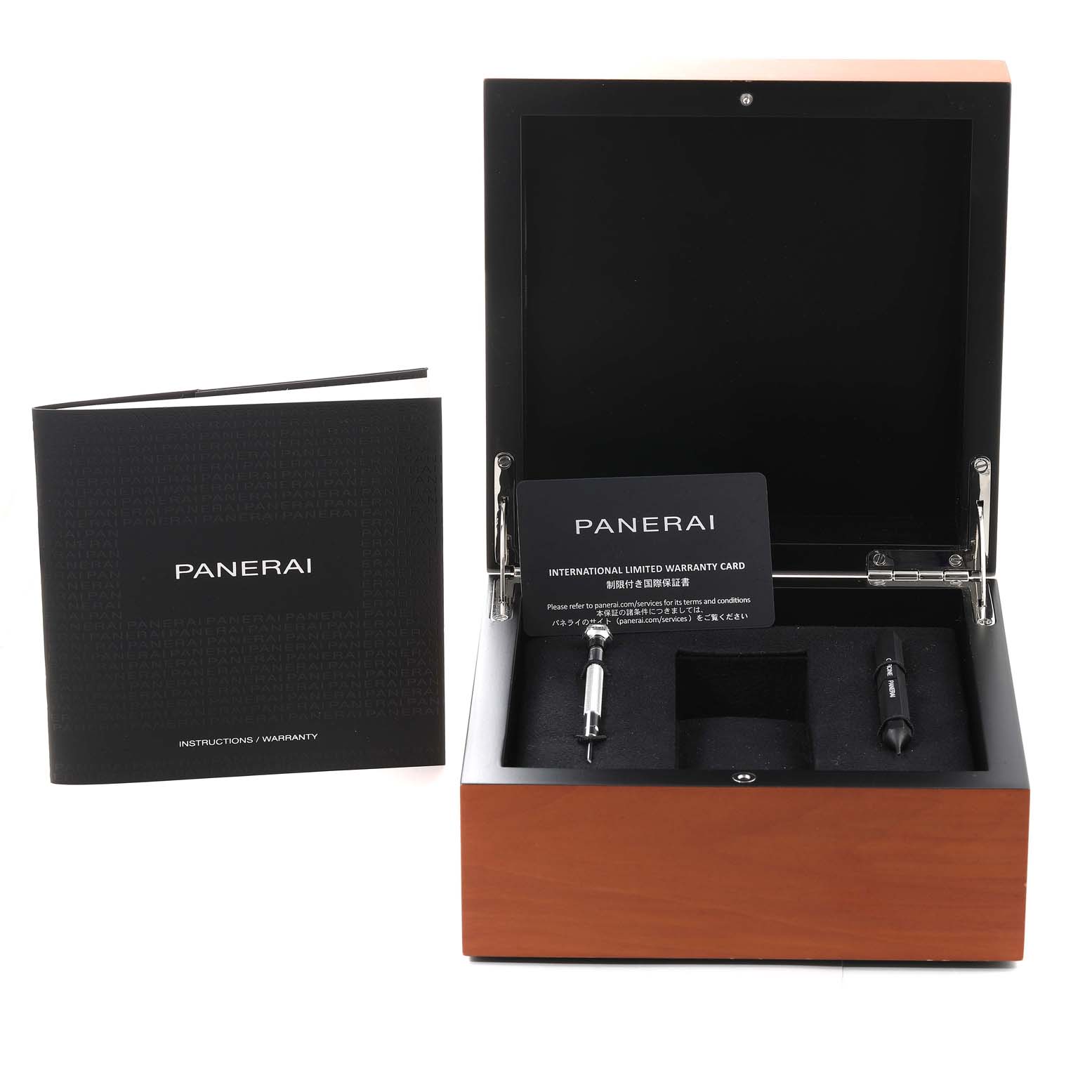 The image shows a Panerai Luminor PAM01316 Men
s Stainless Steel Blue Dial PAM01316 Men
s Stainless Steel Blue Dial watch box, warranty card, and instruction manual from a straight-on angle.