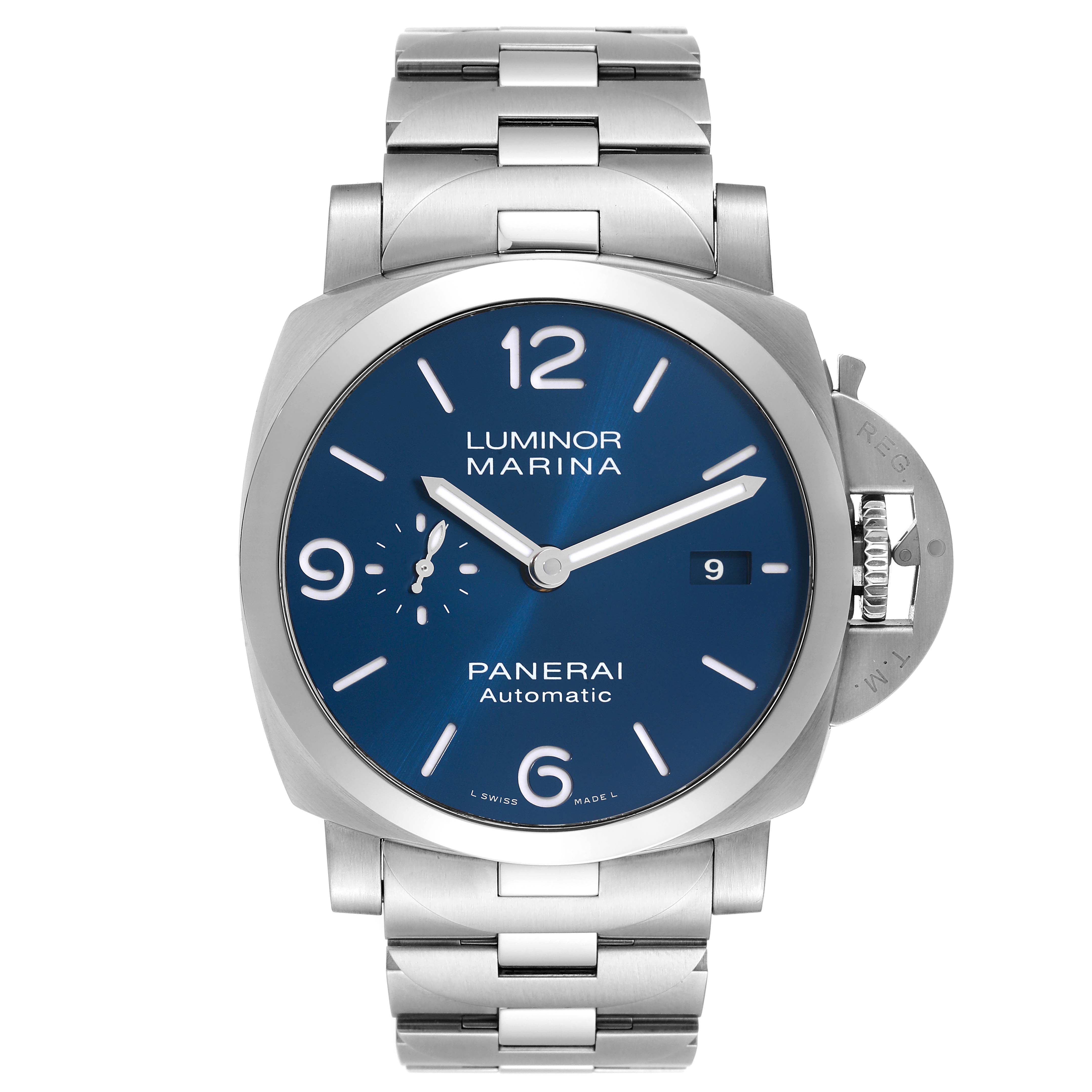This image shows a frontal view of a Panerai Luminor PAM01316 Men
s Stainless Steel Blue Dial PAM01316 Men
s Stainless Steel Blue Dial Marina watch with a blue dial and stainless steel bracelet.