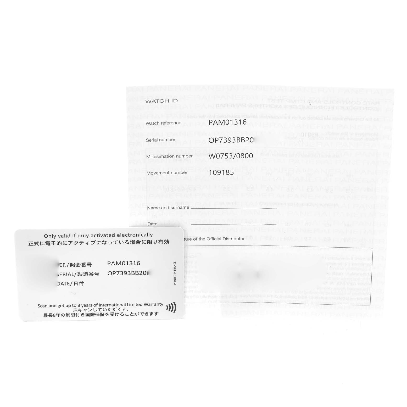 The image shows the warranty card and certificate for the Panerai Luminor PAM01316 Men
s Stainless Steel Blue Dial PAM01316 Men
s Stainless Steel Blue Dial model PAM01316.