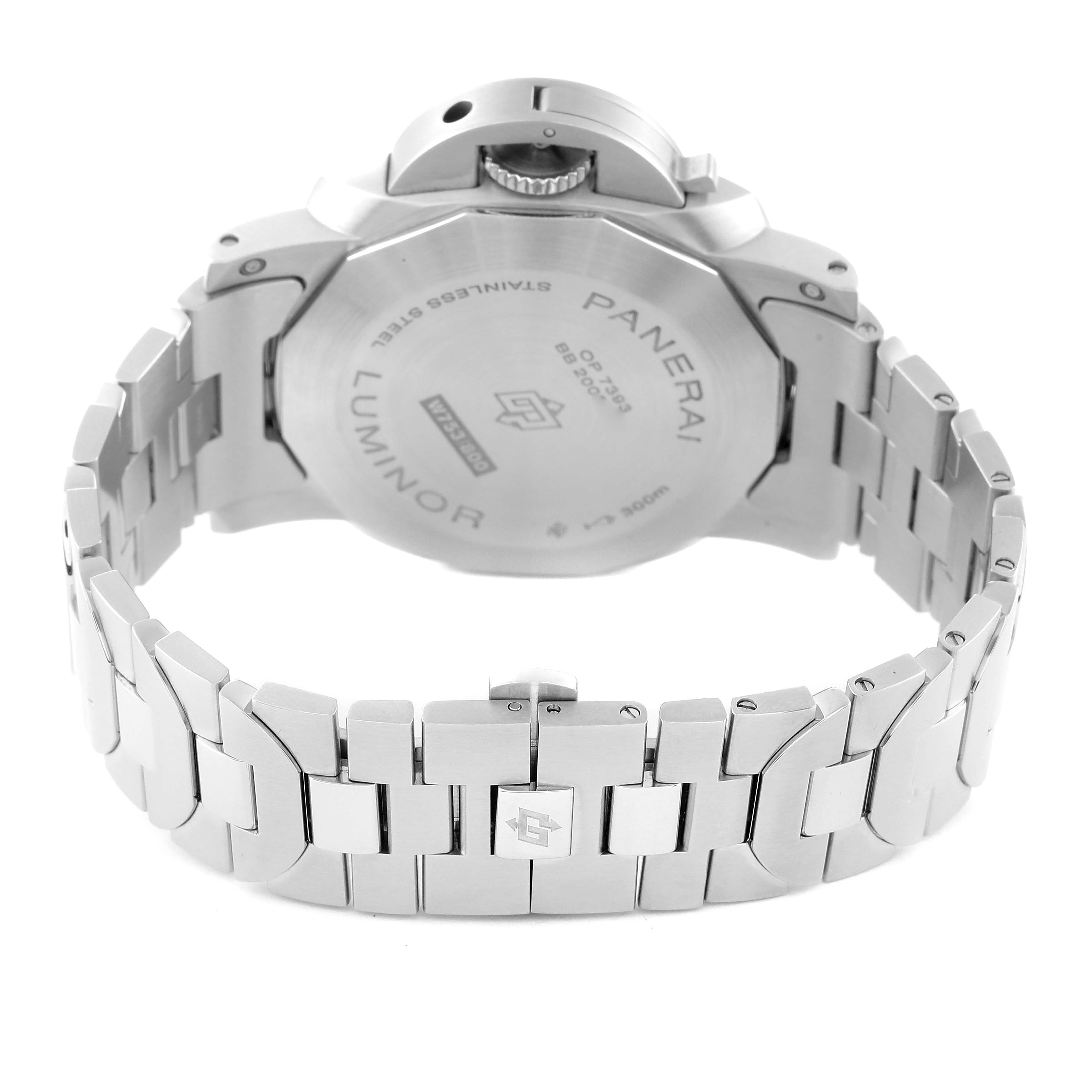 The image shows the back view of a Panerai Luminor PAM01316 Men
s Stainless Steel Blue Dial PAM01316 Men
s Stainless Steel Blue Dial watch, highlighting its stainless steel case and bracelet.