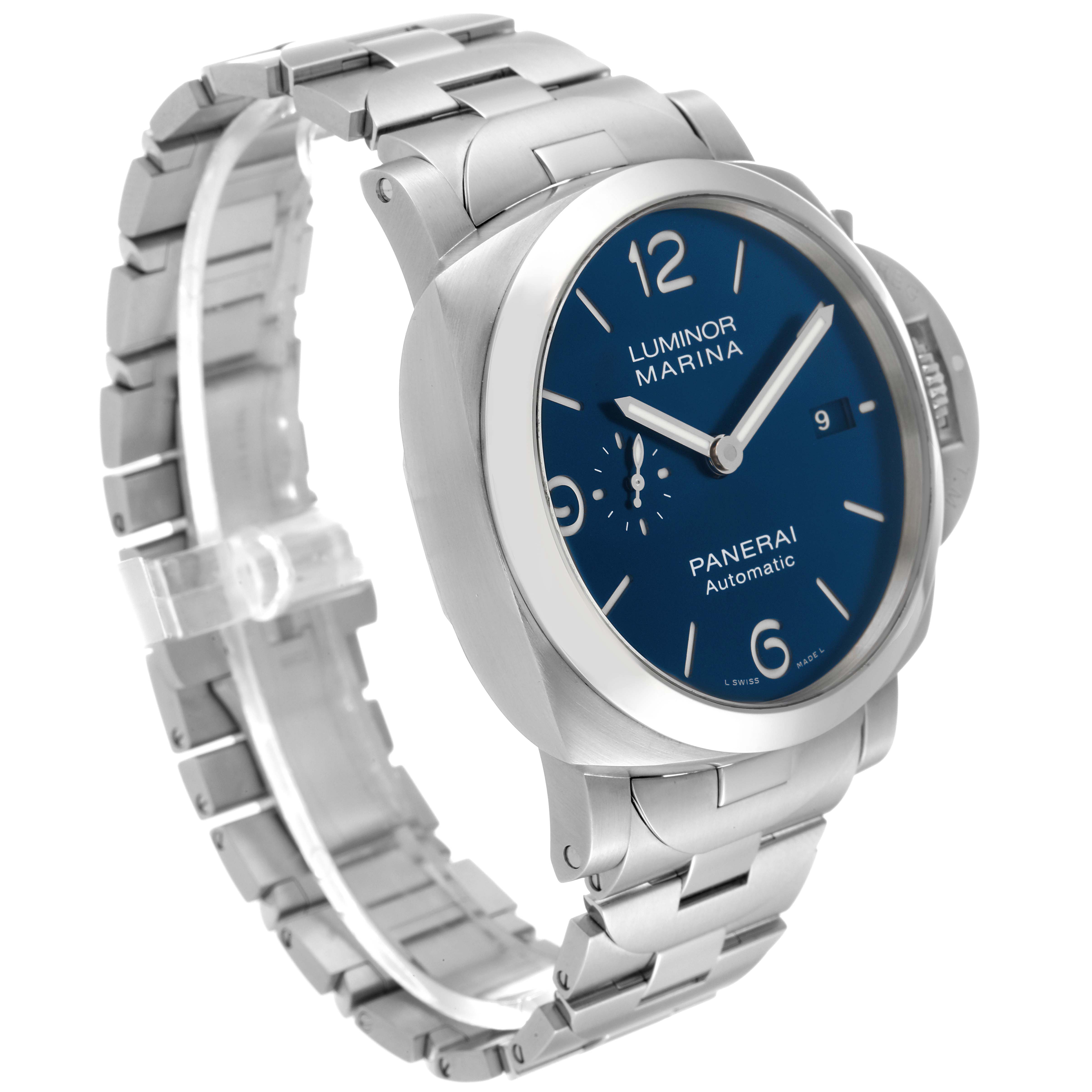 The image displays a Panerai Luminor PAM01316 Men
s Stainless Steel Blue Dial PAM01316 Men
s Stainless Steel Blue Dial Marina watch from an angled front view, showing its face, bezel, and metal strap.
