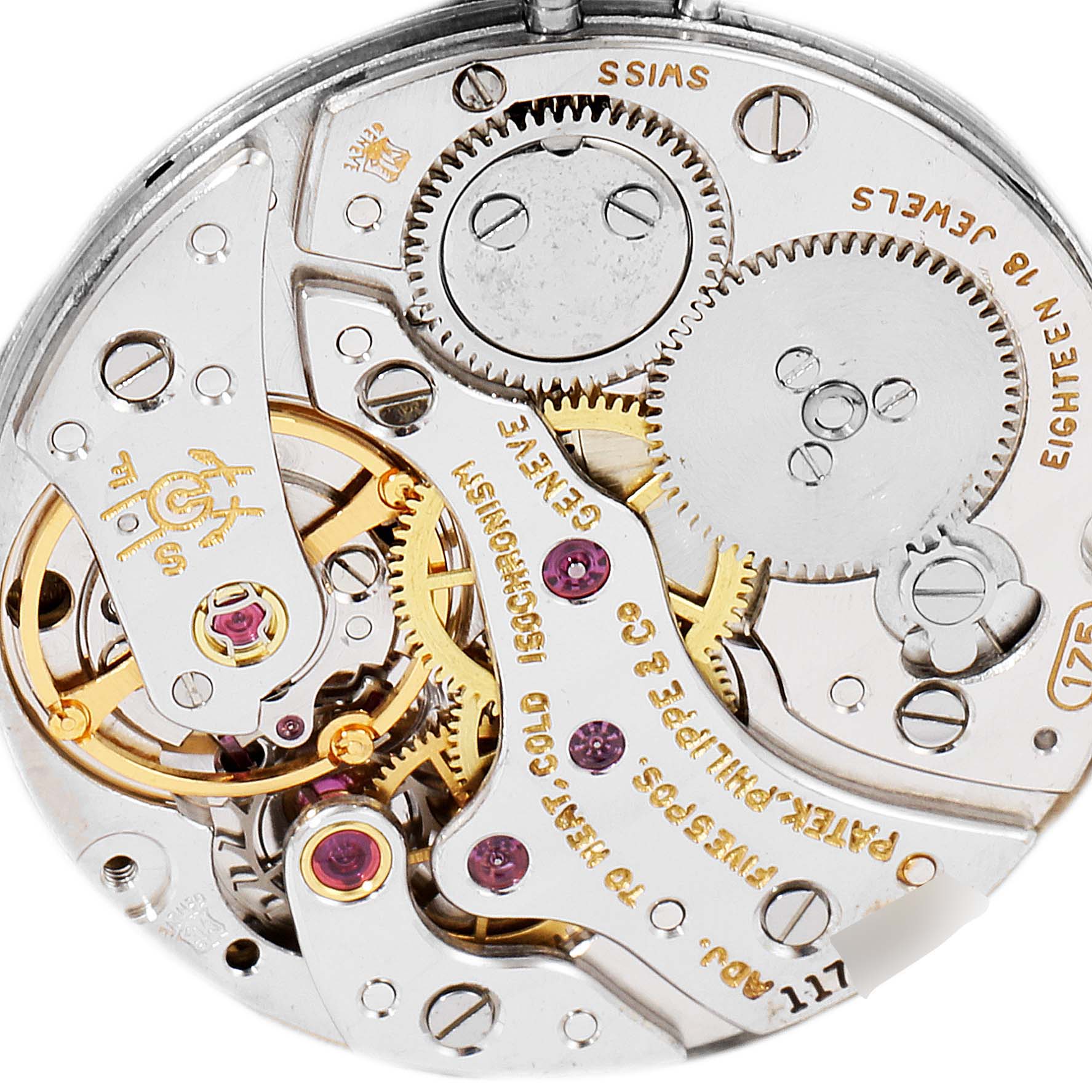 This close-up shows Patek Philippe Vintage 3566 Men
s White Gold Brown Dial 3566 Men
s White Gold Brown Dial watch movement and intricate internal gears from the back angle.