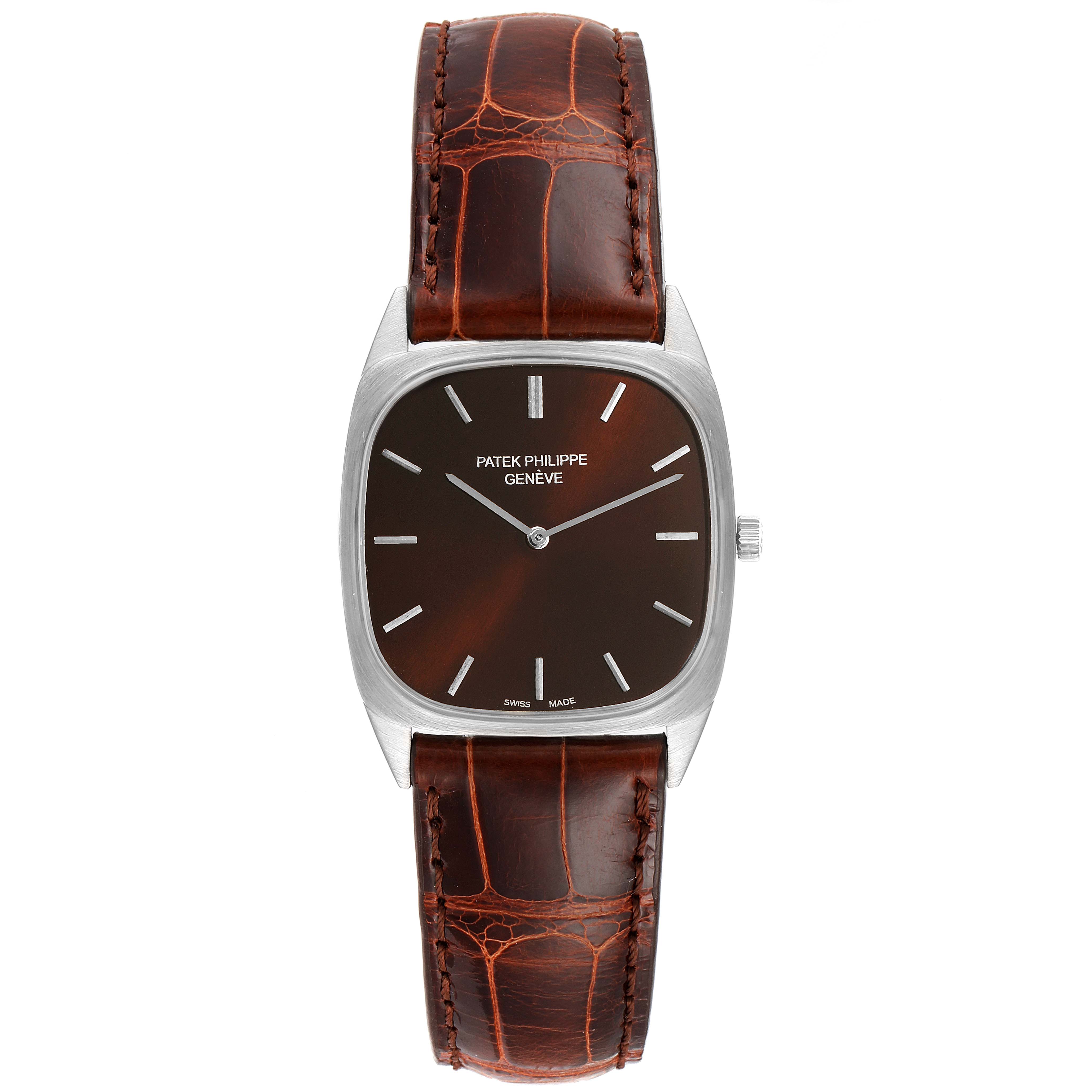 The image shows a front view of a Patek Philippe Vintage 3566 Men
s White Gold Brown Dial 3566 Men
s White Gold Brown Dial model watch with a brown leather strap and a rectangular dial.