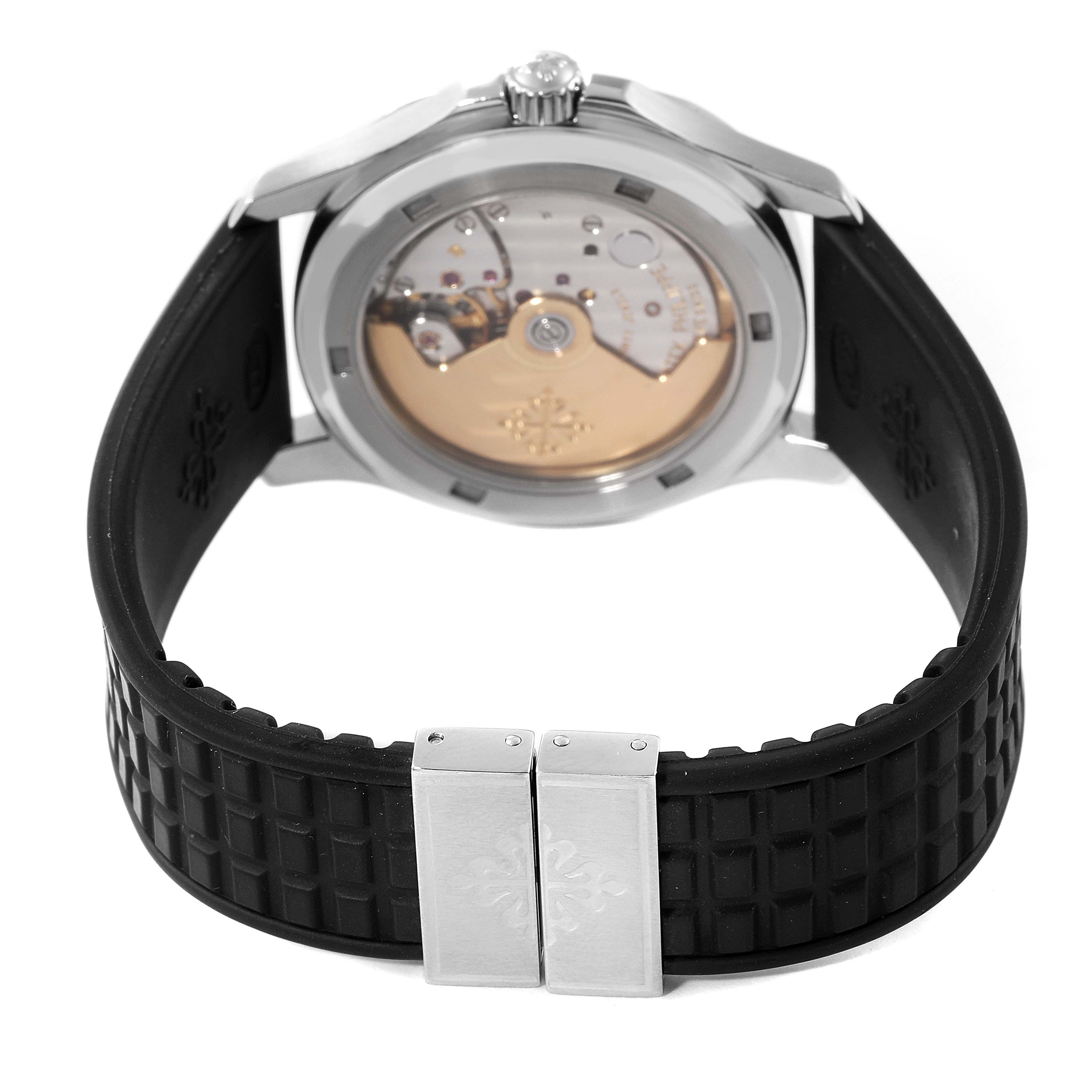 The image shows the back view of a Patek Philippe Aquanaut 5066A Men's Stainless Steel Black Dial 5066A Men's Stainless Steel Black Dial watch, highlighting its transparent case back and black strap clasp.