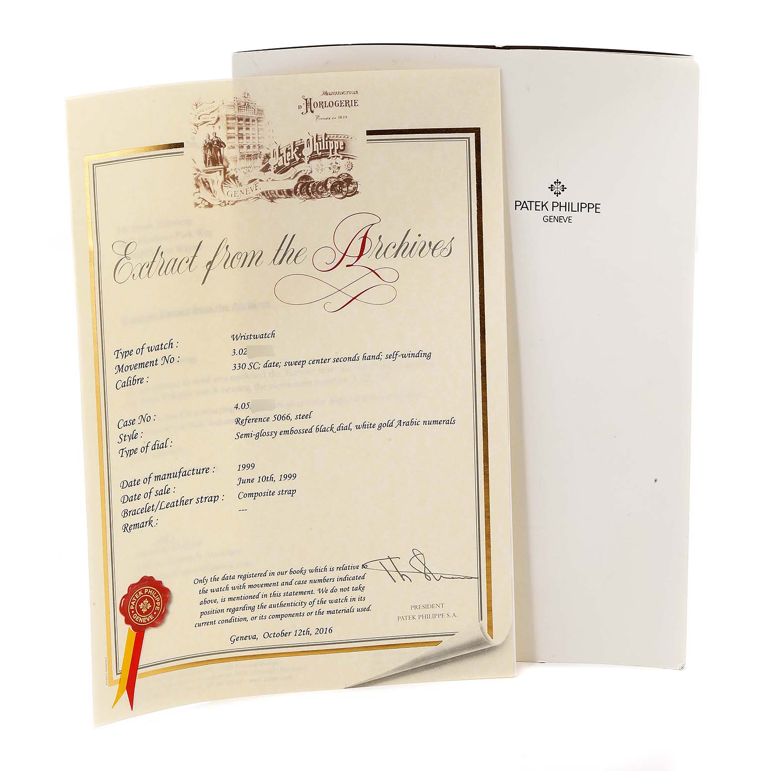 The image shows a certificate and packaging for the Patek Philippe Aquanaut 5066A Men's Stainless Steel Black Dial 5066A Men's Stainless Steel Black Dial watch model.