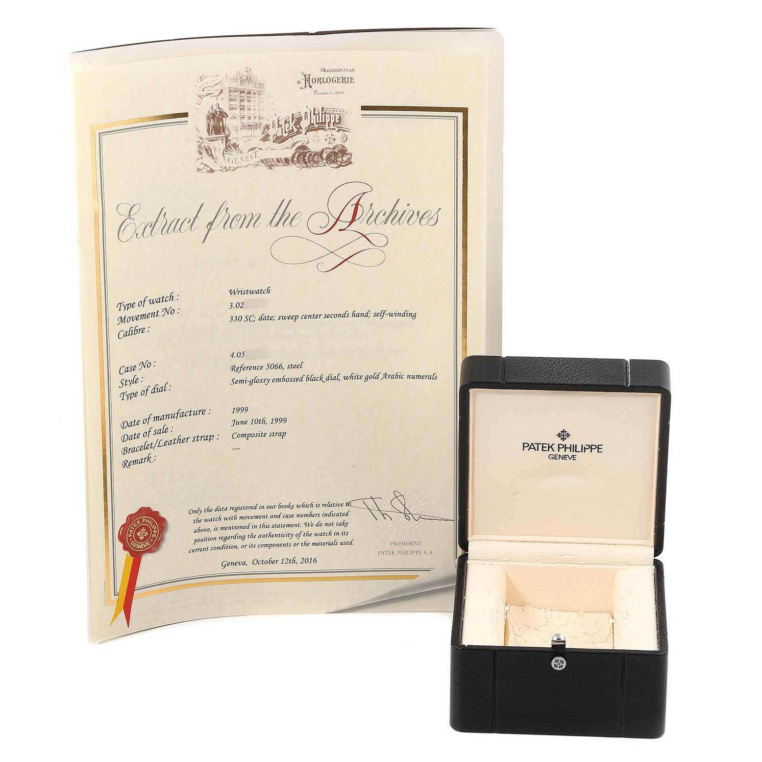 The image shows the documentation and box for a Patek Philippe Aquanaut 5066A Men's Stainless Steel Black Dial 5066A Men's Stainless Steel Black Dial watch from a front angle.