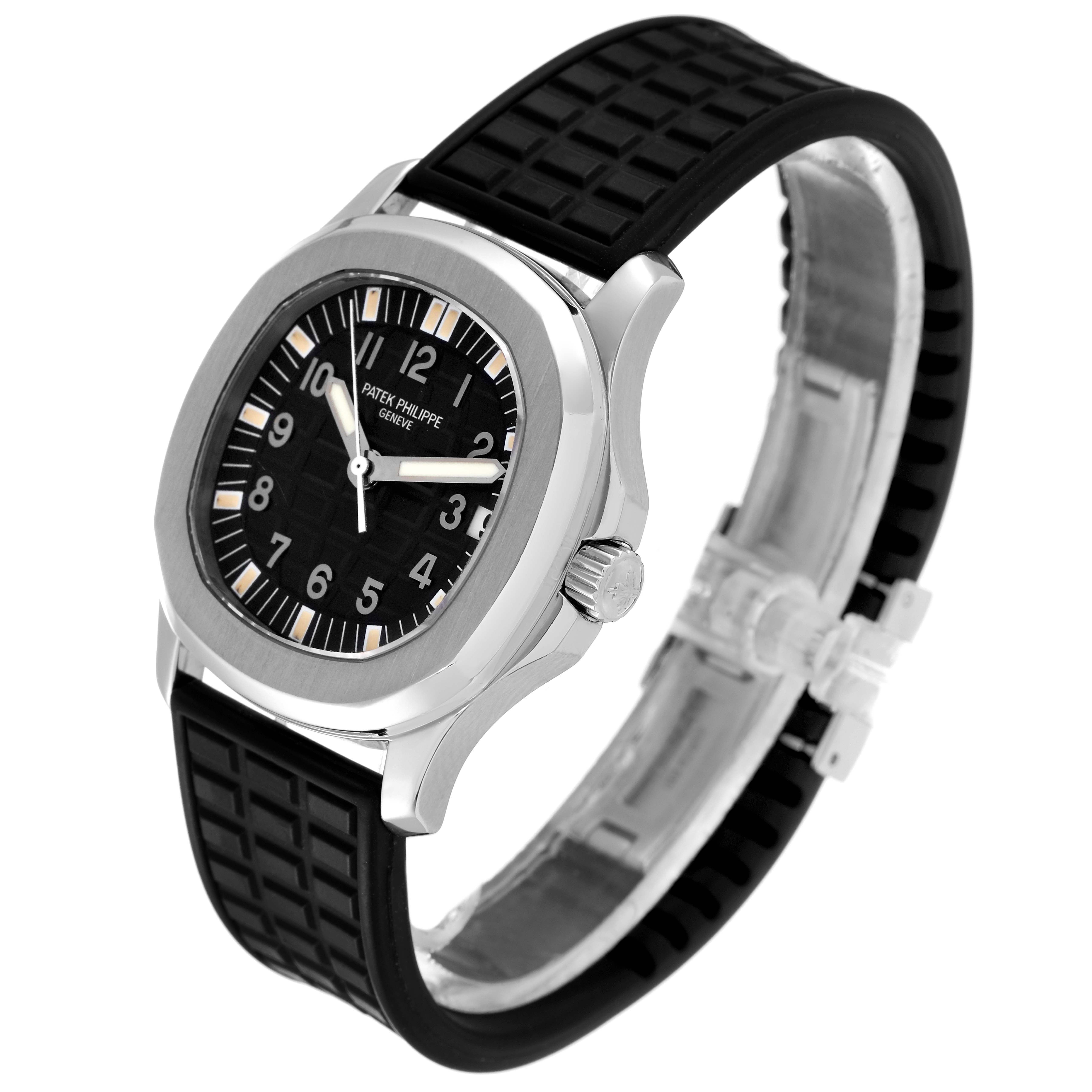 The image shows a side-angle view of the Patek Philippe Aquanaut 5066A Men's Stainless Steel Black Dial 5066A Men's Stainless Steel Black Dial watch, highlighting its face, bezel, crown, and strap.
