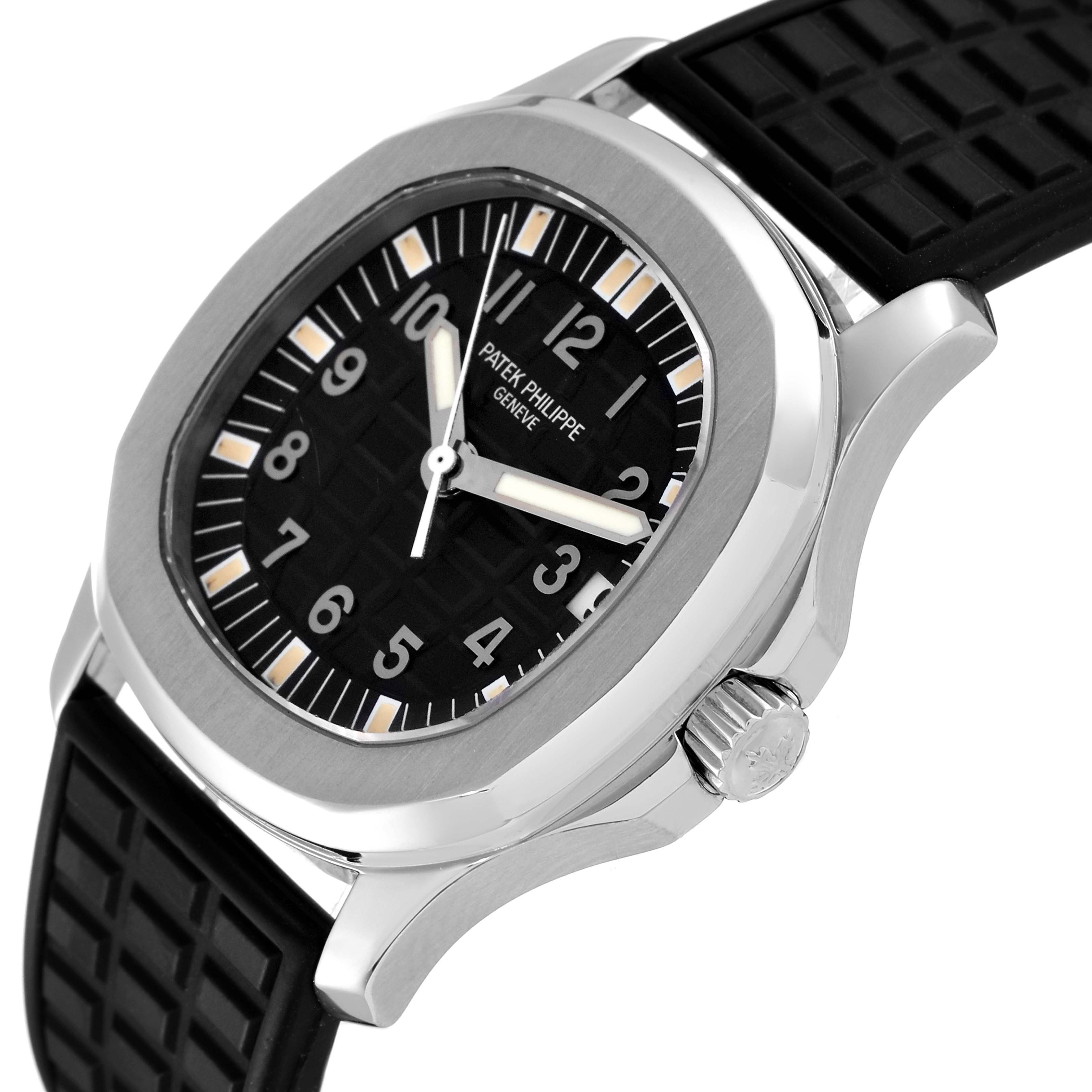 This image shows a Patek Philippe Aquanaut 5066A Men's Stainless Steel Black Dial 5066A Men's Stainless Steel Black Dial watch from a slightly angled close-up, highlighting the watch face, dial, case, and crown.