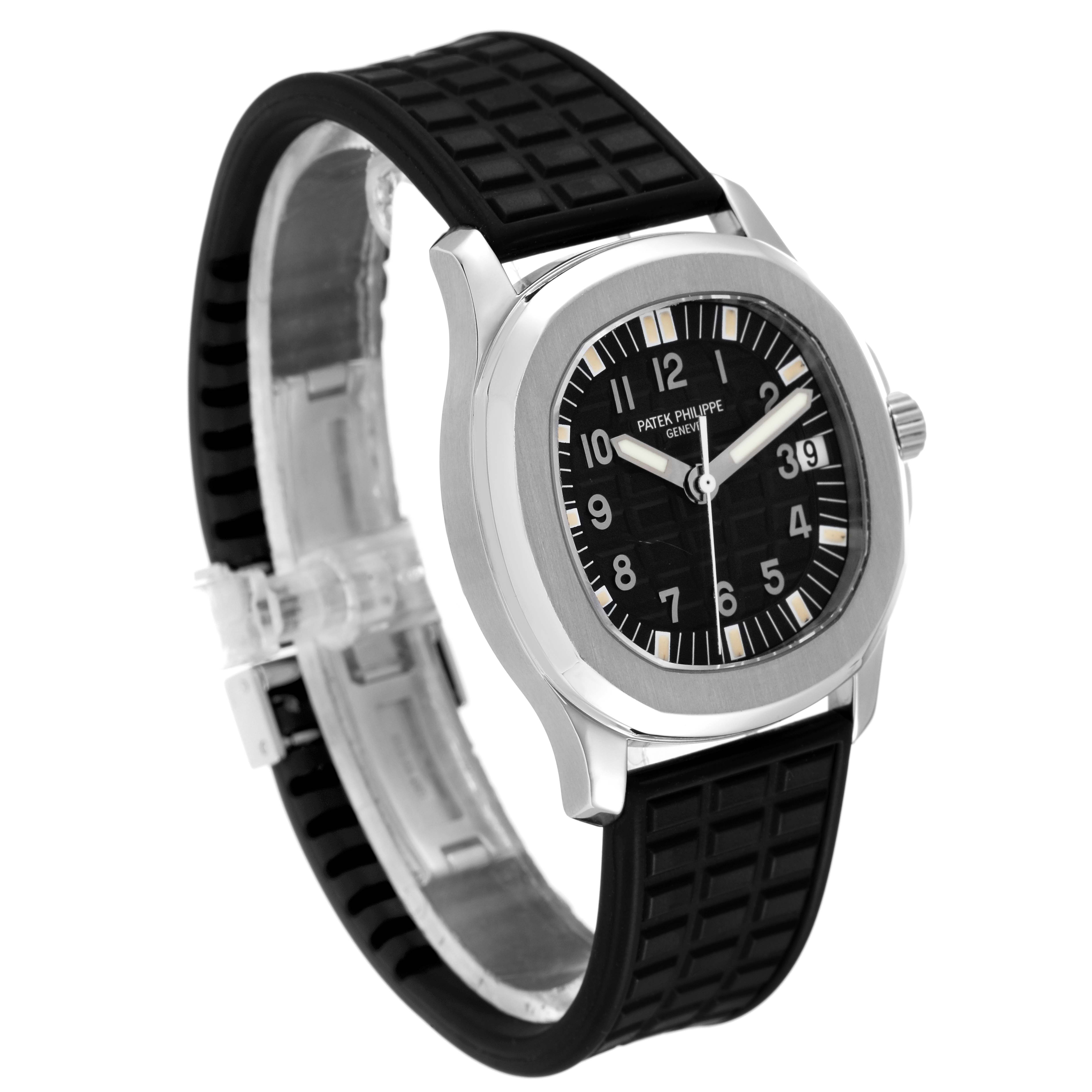This image shows a Patek Philippe Aquanaut 5066A Men's Stainless Steel Black Dial 5066A Men's Stainless Steel Black Dial watch angled from the front-left, displaying the face, bezel, and black textured strap.