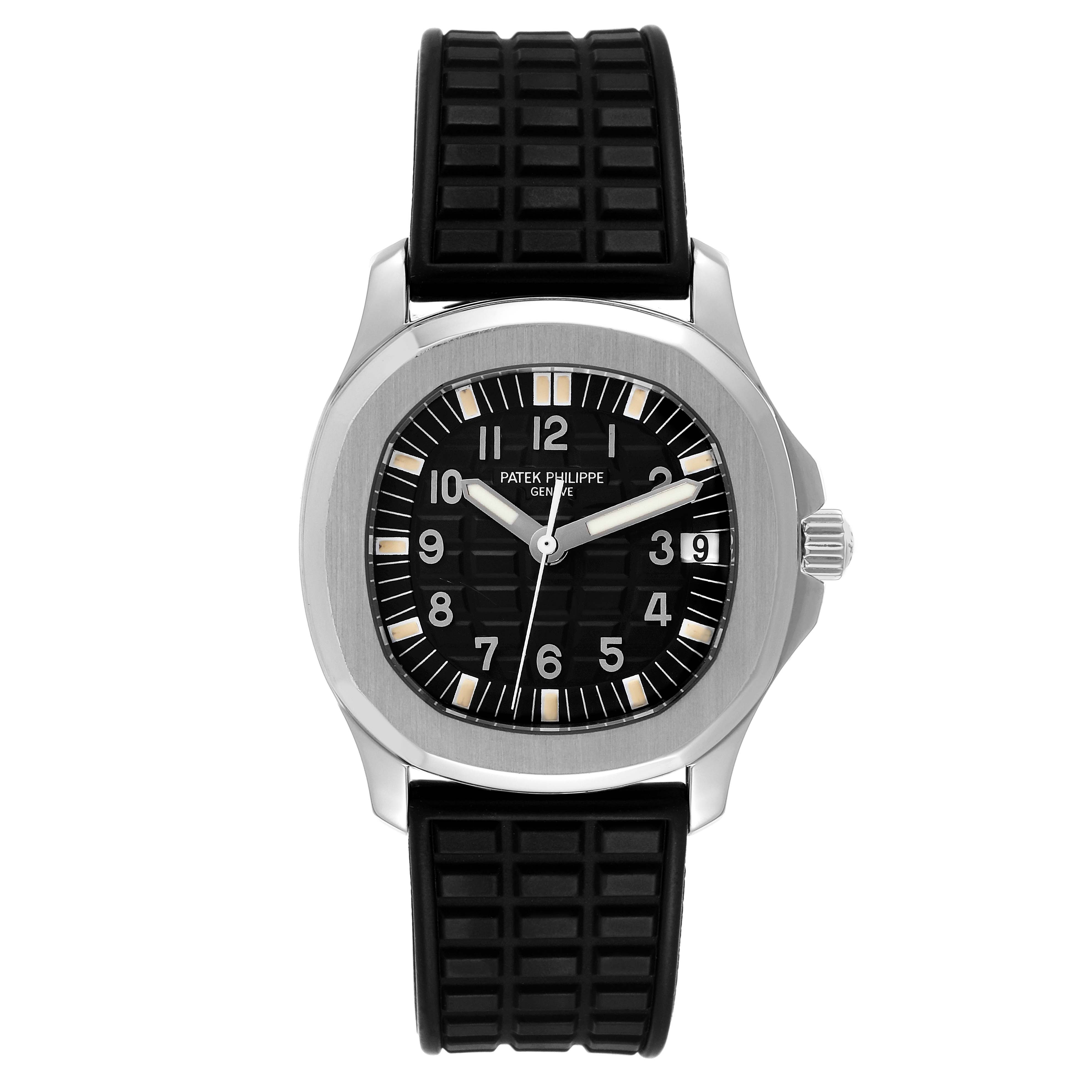The image shows a frontal view of the Patek Philippe Aquanaut 5066A Men's Stainless Steel Black Dial 5066A Men's Stainless Steel Black Dial watch, featuring its black dial, steel case, and black rubber strap.
