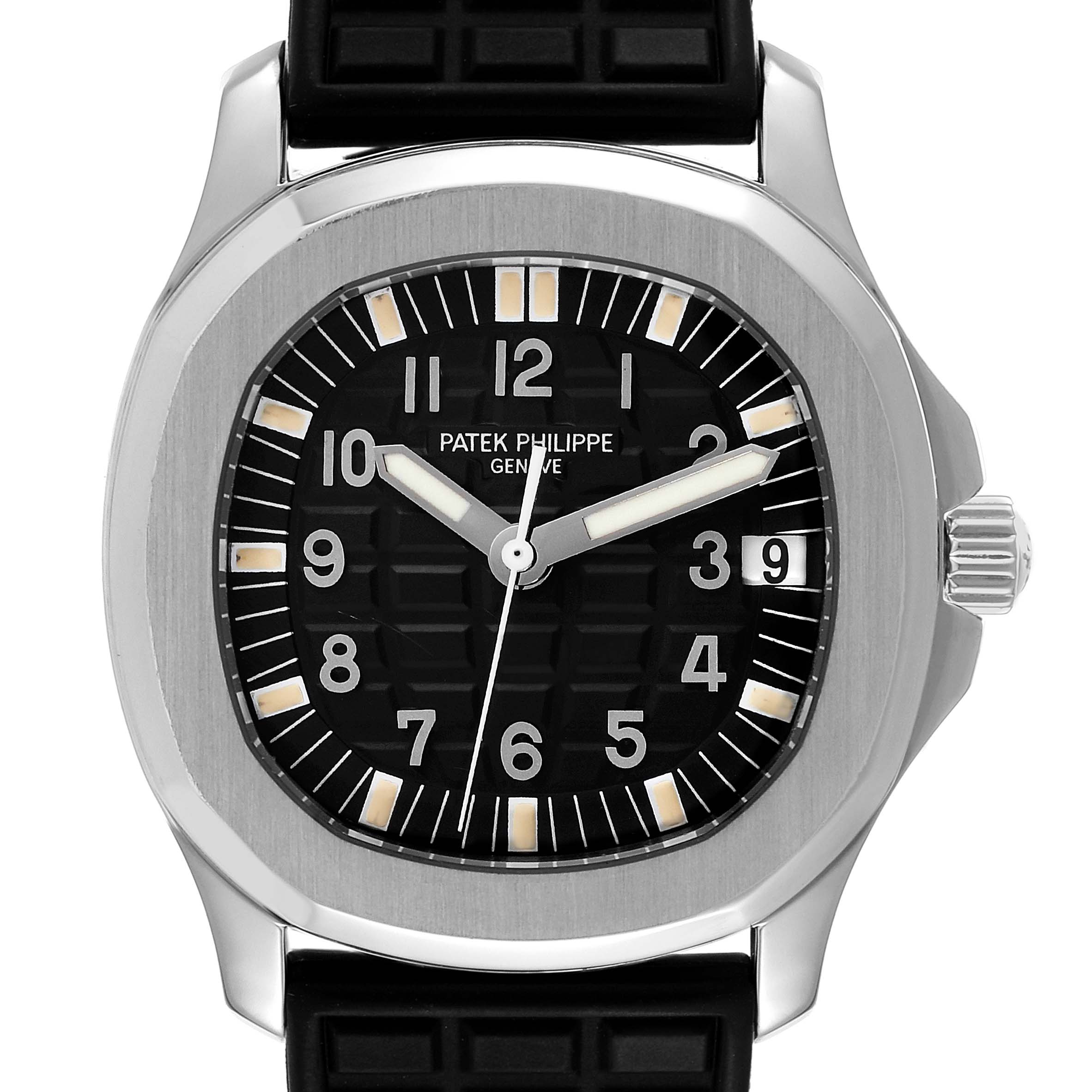 The image shows a front view of the dial and bezel of a Patek Philippe Aquanaut 5066A Men's Stainless Steel Black Dial 5066A Men's Stainless Steel Black Dial watch with a black strap.
