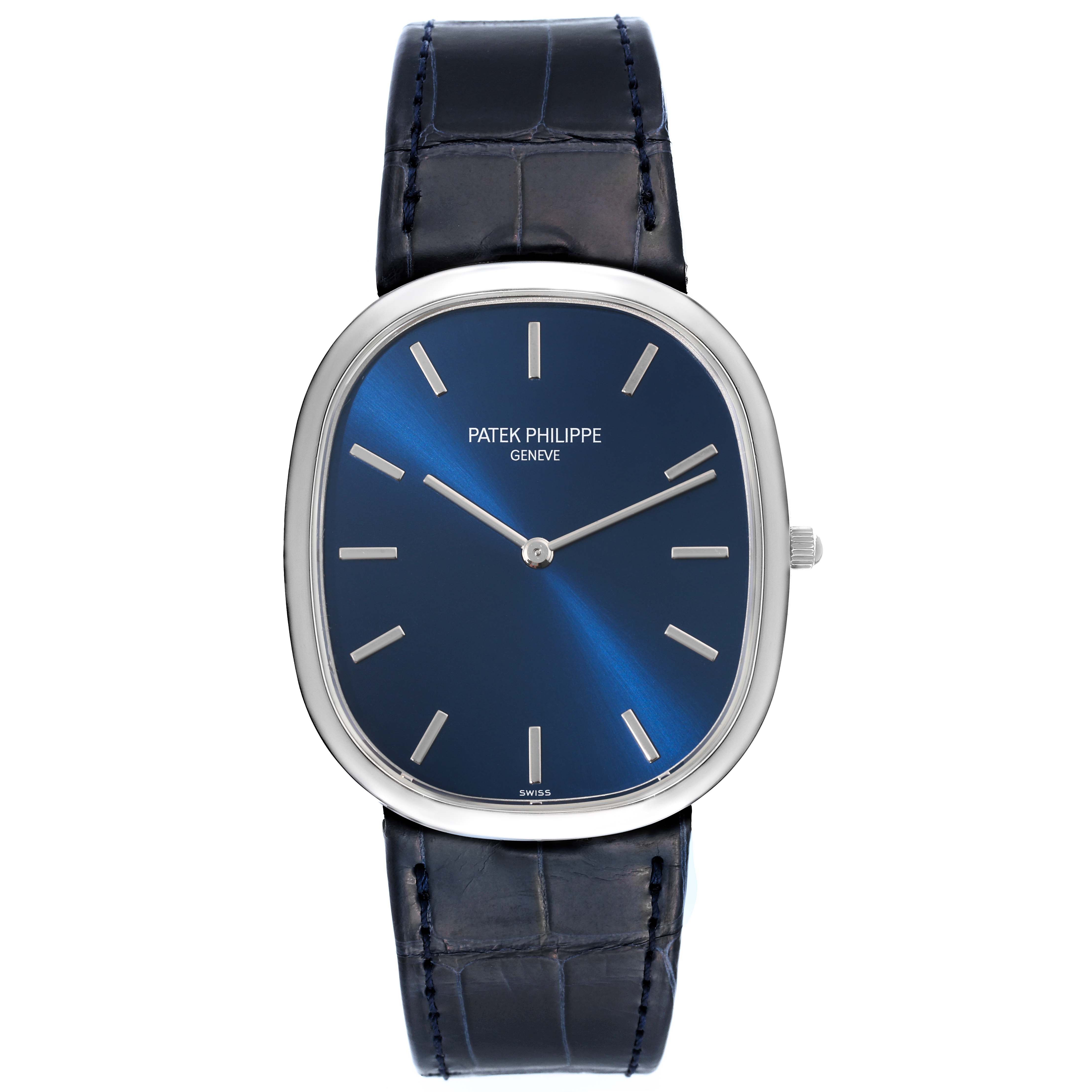 This is a frontal view of a Patek Philippe Golden Ellipse 5738P-001 Men's Platinum Blue Dial 5738P-001 Men's Platinum Blue Dial watch, showing its blue dial, silver markers, and black leather strap.