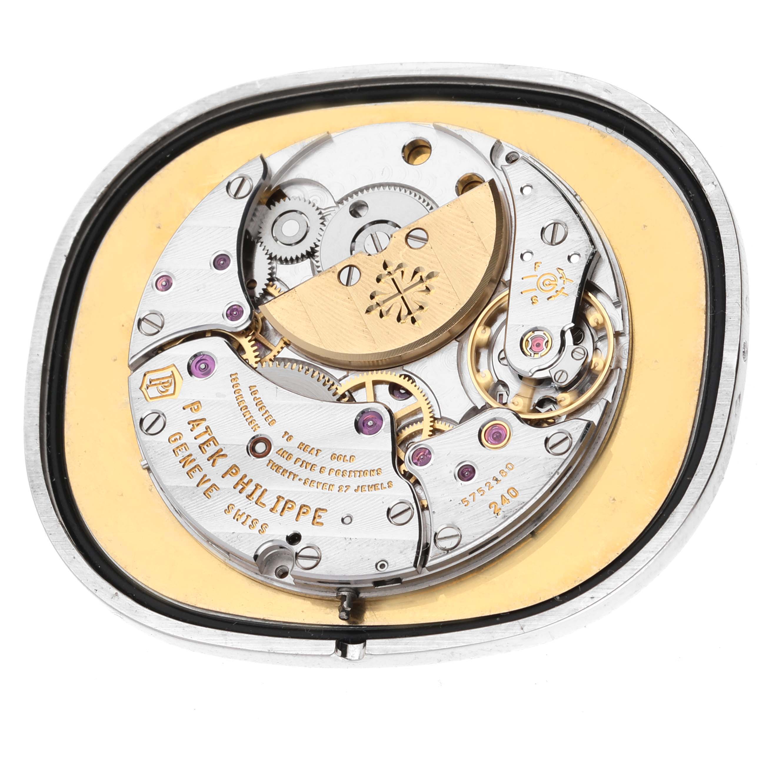 The image shows the inner mechanical movement of the Patek Philippe Golden Ellipse 5738P-001 Men's Platinum Blue Dial 5738P-001 Men's Platinum Blue Dial watch.