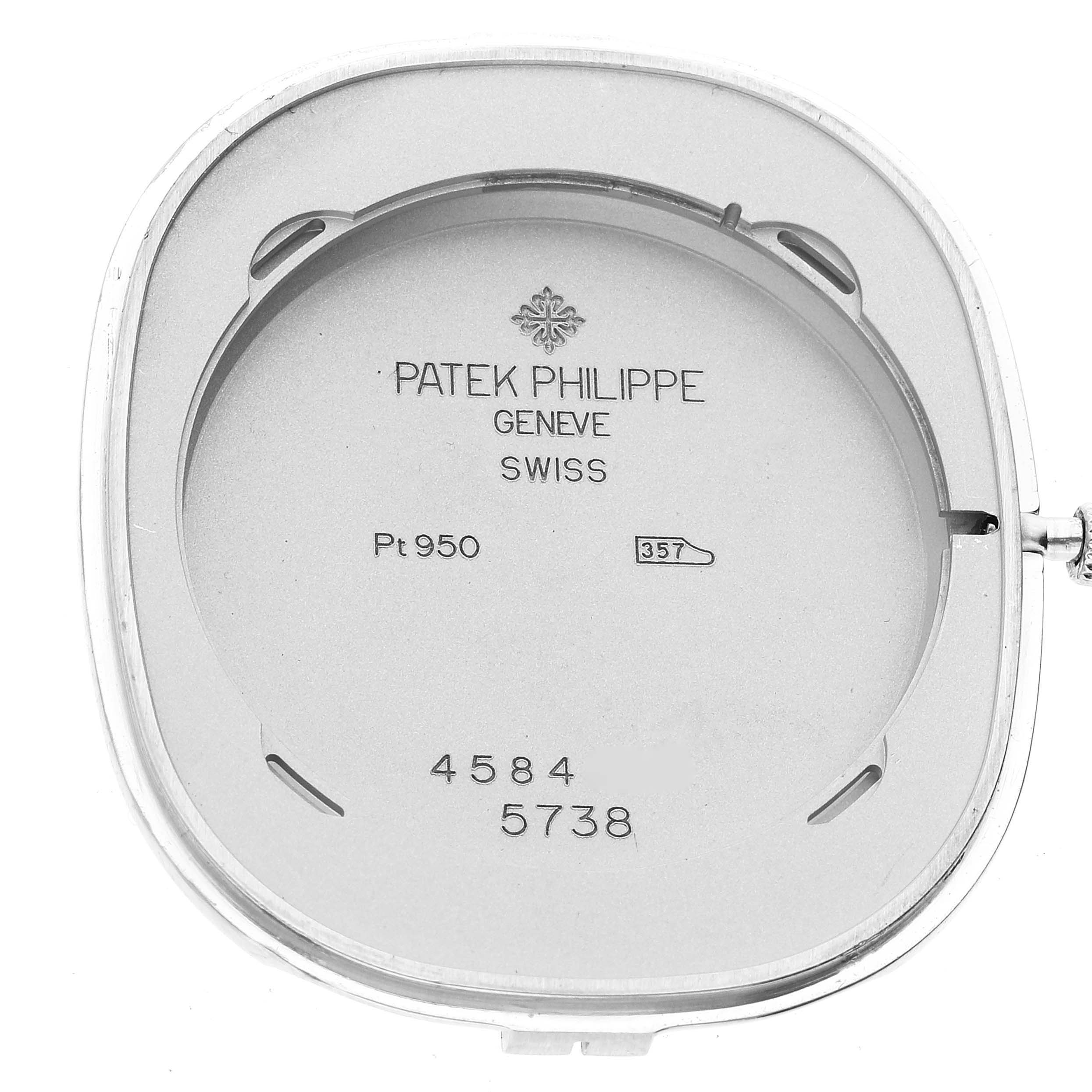 This image shows the back case interior of the Patek Philippe Golden Ellipse 5738P-001 Men's Platinum Blue Dial 5738P-001 Men's Platinum Blue Dial watch.