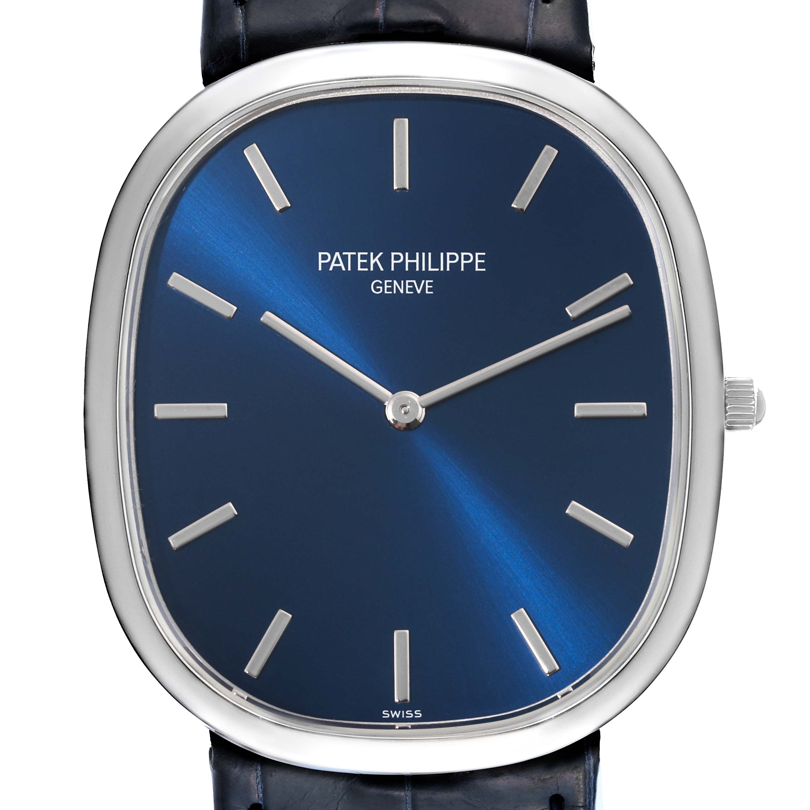 The image displays a front view of the Patek Philippe Golden Ellipse 5738P-001 Men's Platinum Blue Dial 5738P-001 Men's Platinum Blue Dial watch, highlighting the blue dial, hands, and markers.