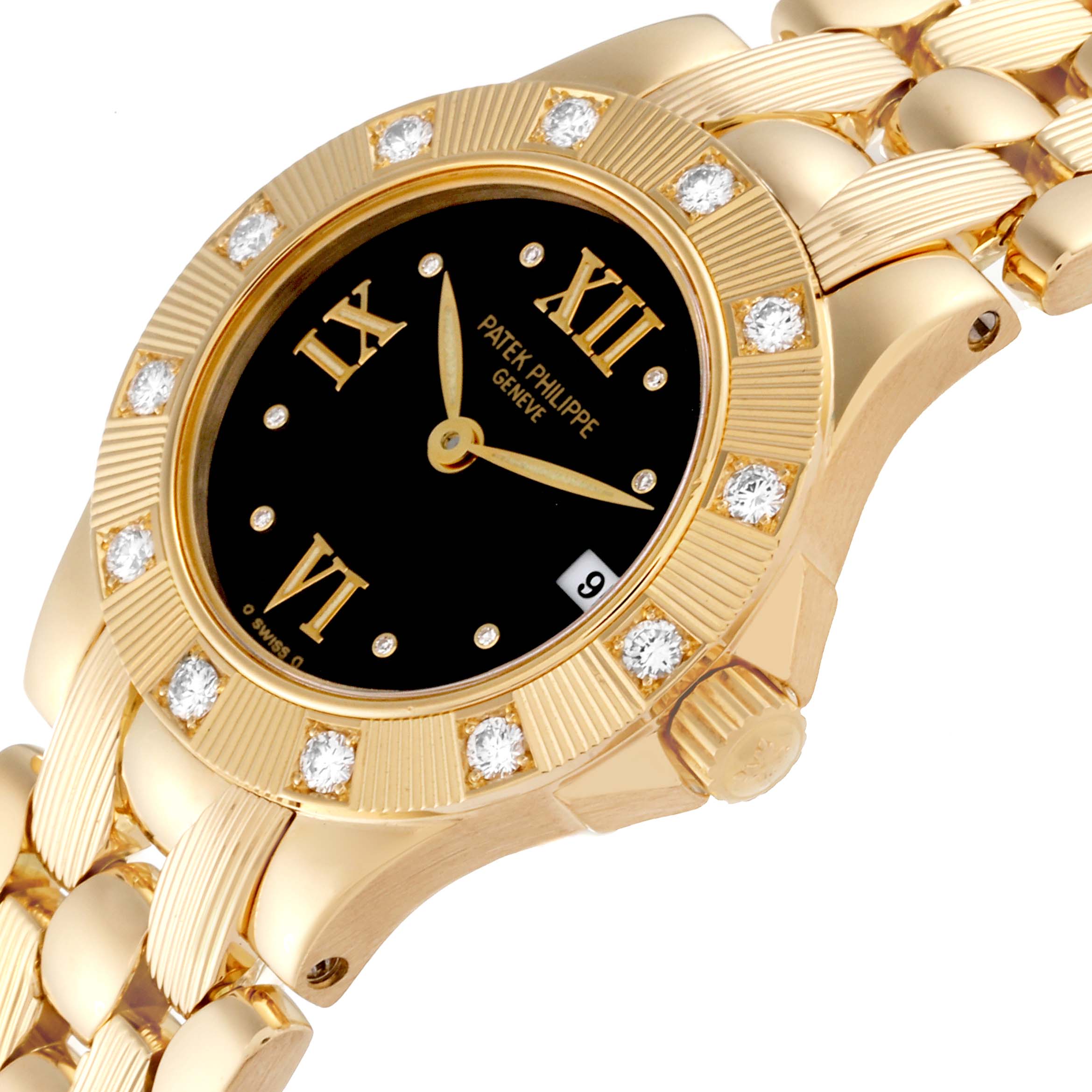 The Patek Philippe Neptune 4881 Women's Yellow Gold Black Dial 4881 Women's Yellow Gold Black Dial model watch is shown from a front angle, displaying its gold case, black dial, diamond markers, and part of its gold bracelet.