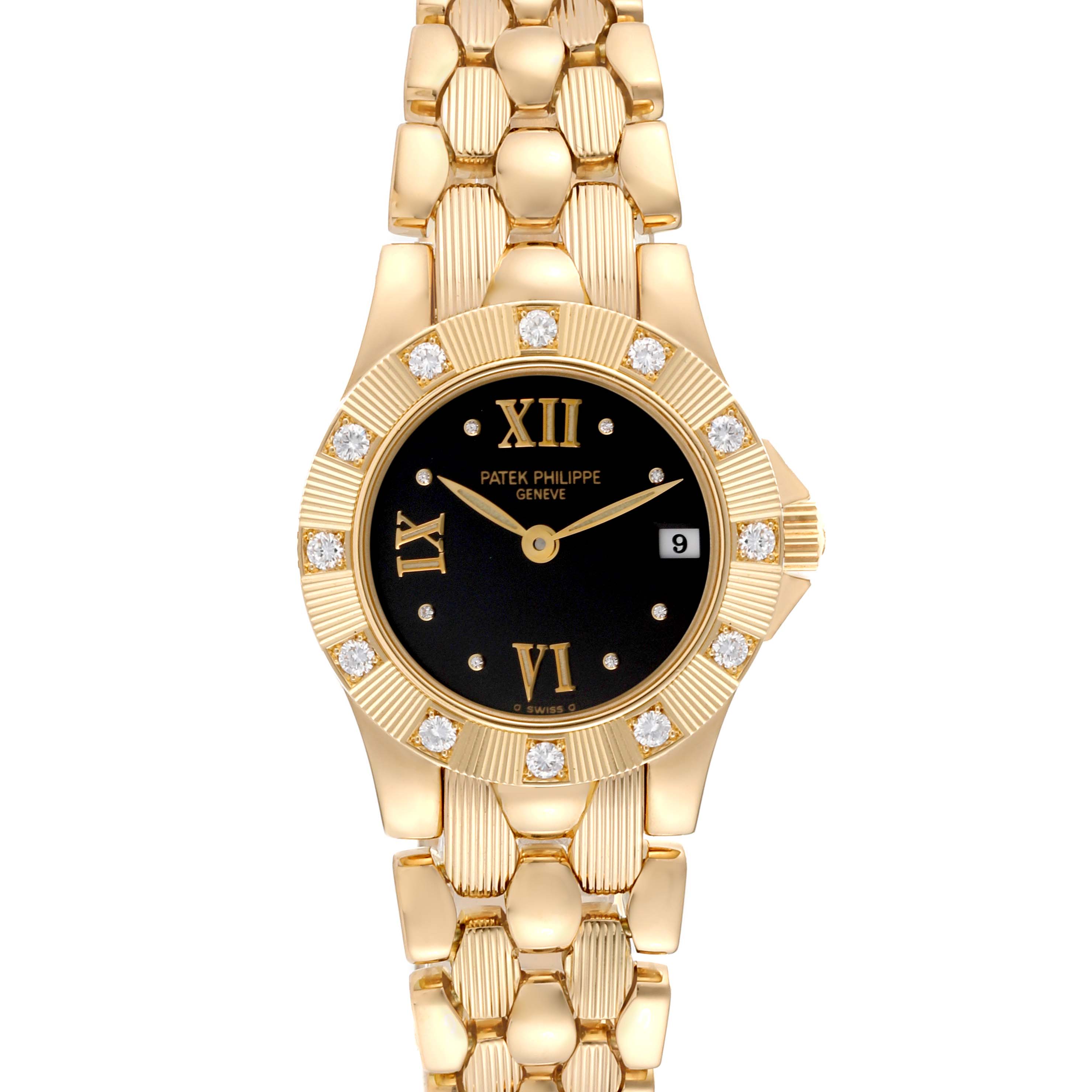 The image shows a frontal view of a Patek Philippe Neptune 4881 Women's Yellow Gold Black Dial 4881 Women's Yellow Gold Black Dial watch, displaying the face, bezel, and part of the bracelet.