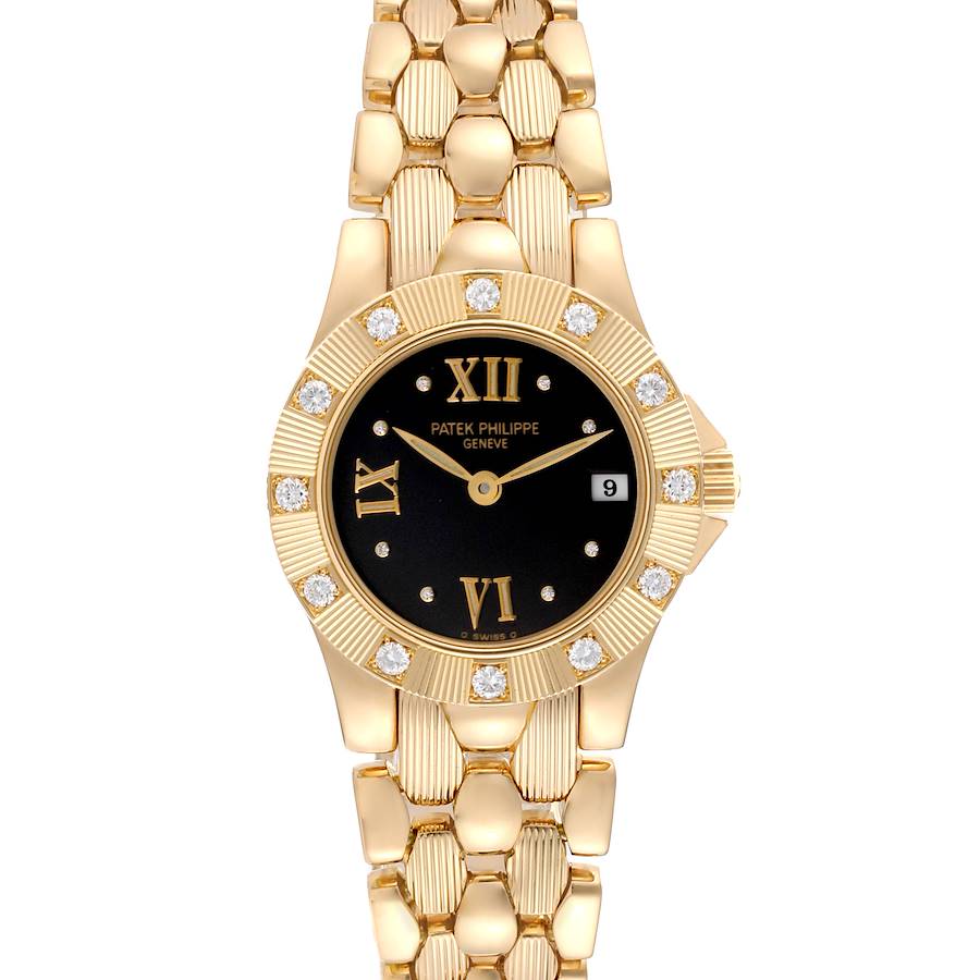 Patek Philippe Neptune Yellow Gold Black Dial Diamond Ladies Watch 4881 SwissWatchExpo