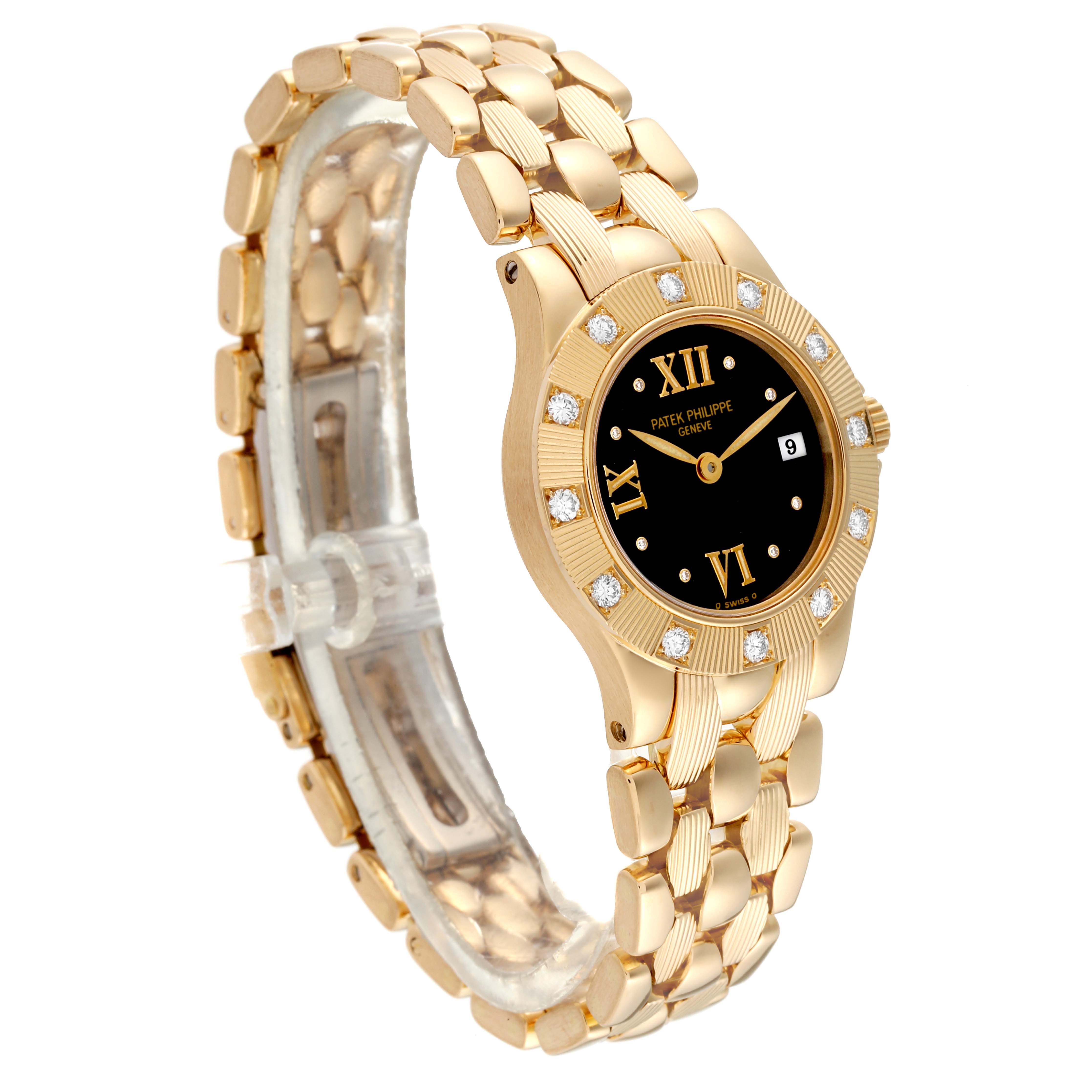 The image shows a Patek Philippe Neptune 4881 Women's Yellow Gold Black Dial 4881 Women's Yellow Gold Black Dial model watch at a slight angle, highlighting the black dial, gold case, and bracelet.