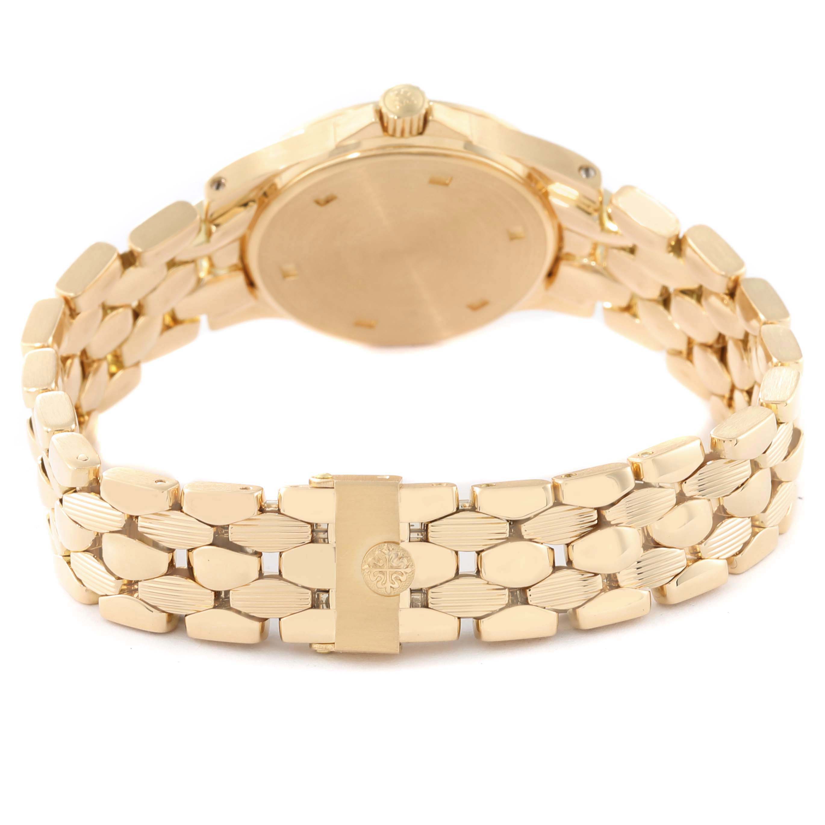 The image shows the back and bracelet of the Patek Philippe Neptune 4881 Women's Yellow Gold Black Dial 4881 Women's Yellow Gold Black Dial model watch at a slightly upward angle.