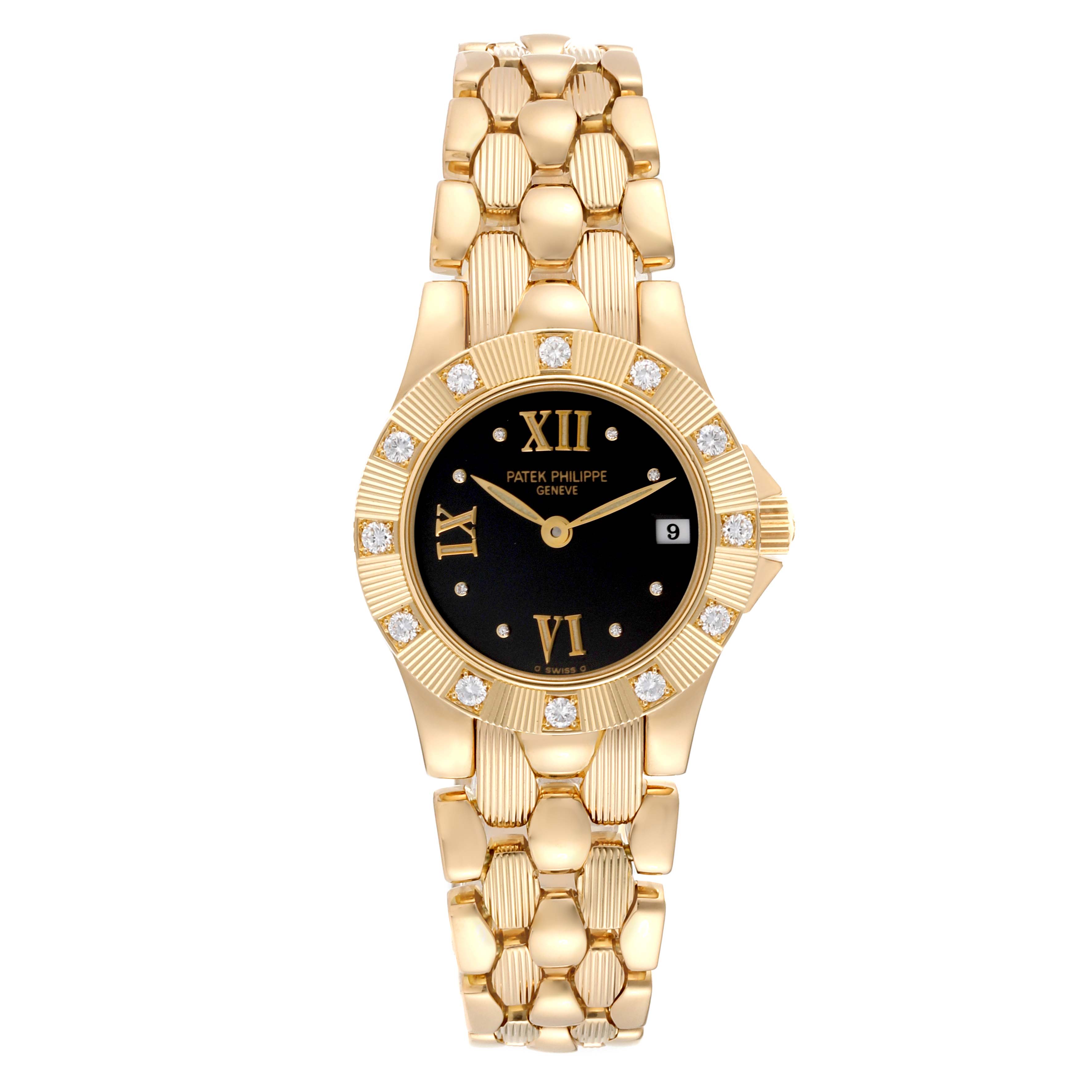 The image shows a front view of the Patek Philippe Neptune 4881 Women's Yellow Gold Black Dial 4881 Women's Yellow Gold Black Dial model watch, showcasing its face, bezel, and bracelet.