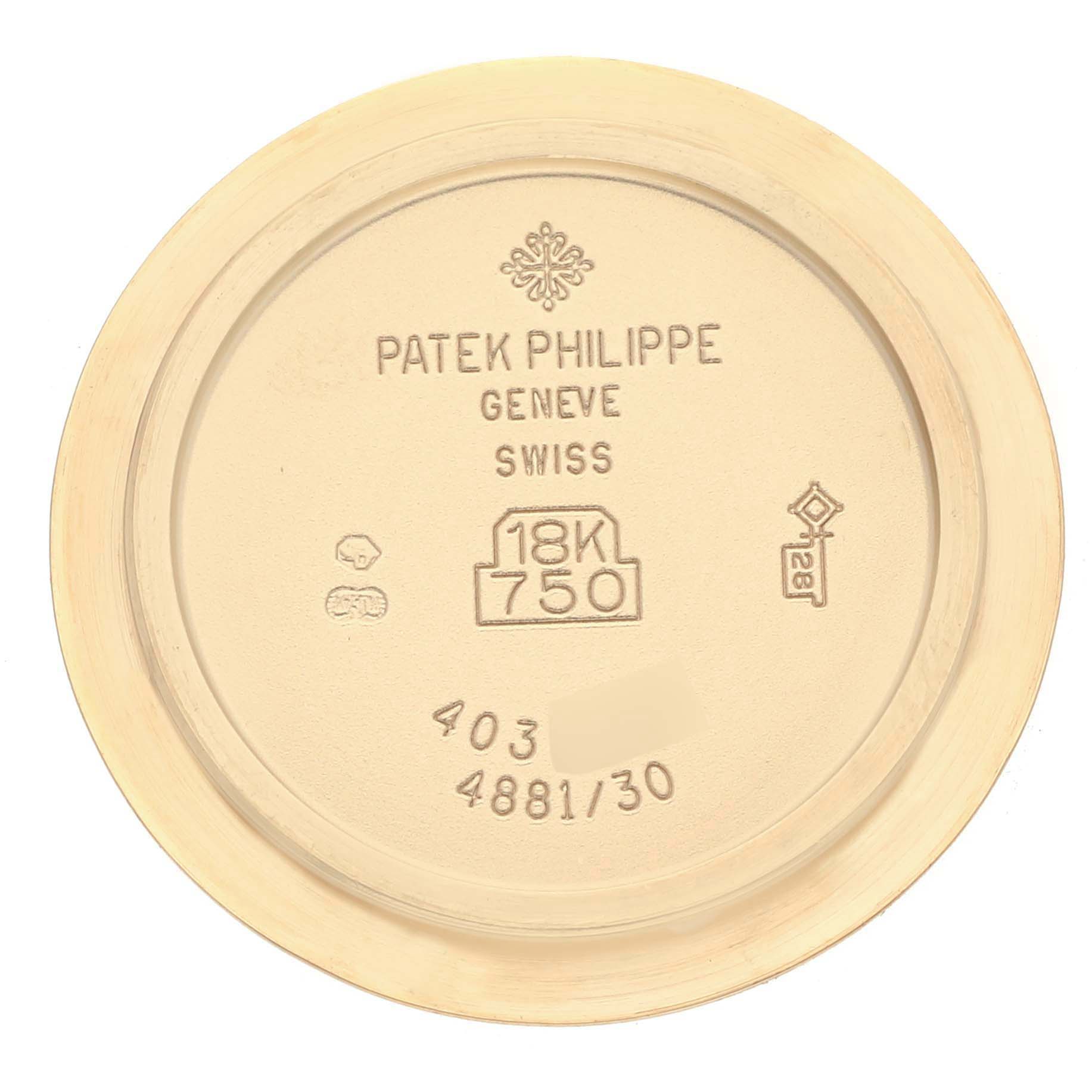 This image shows the interior of the case back of a Patek Philippe Neptune 4881 Women's Yellow Gold Black Dial 4881 Women's Yellow Gold Black Dial model watch.