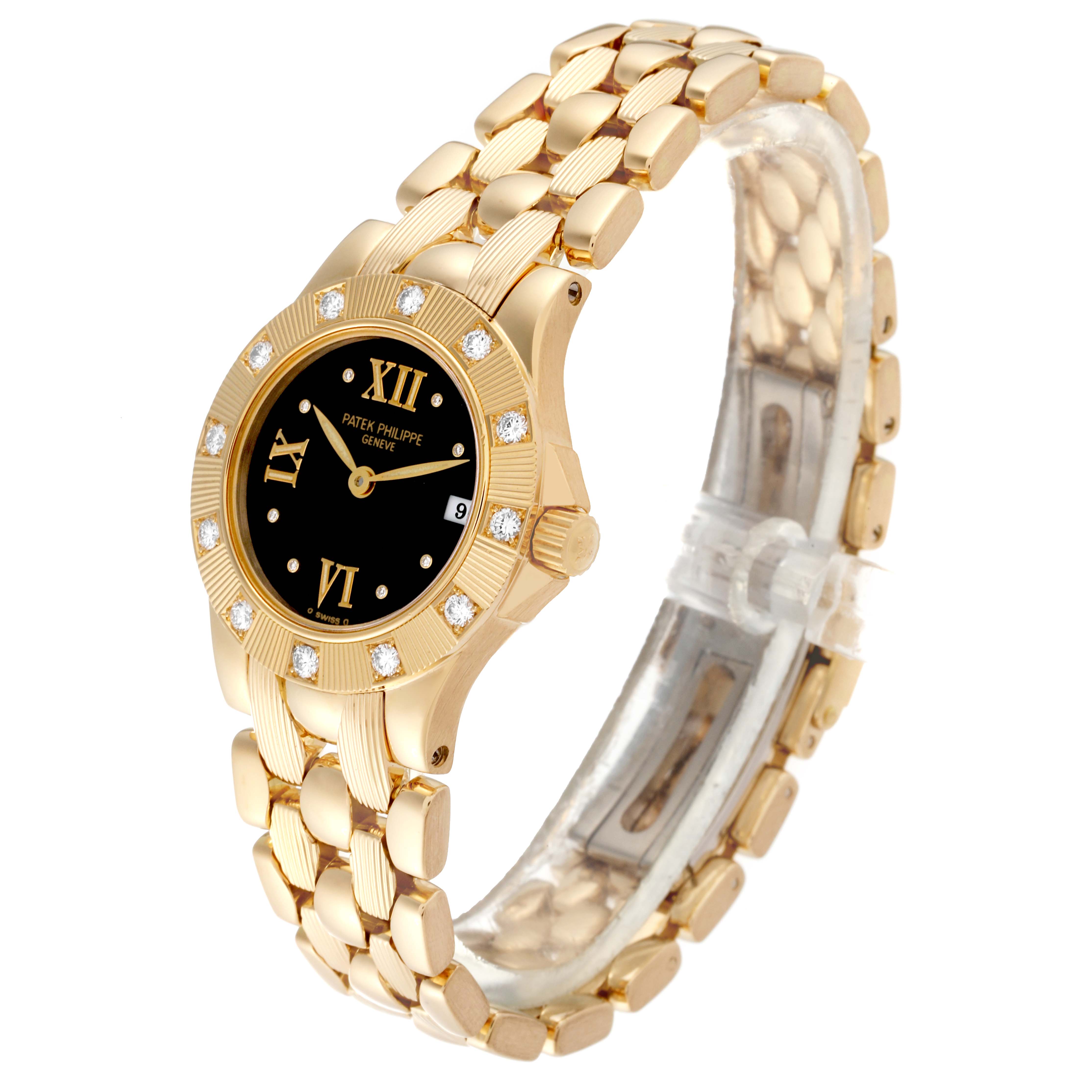 The image shows a Patek Philippe Neptune 4881 Women's Yellow Gold Black Dial 4881 Women's Yellow Gold Black Dial model watch from an angled side view, highlighting the gold band, black face, and diamond accents.