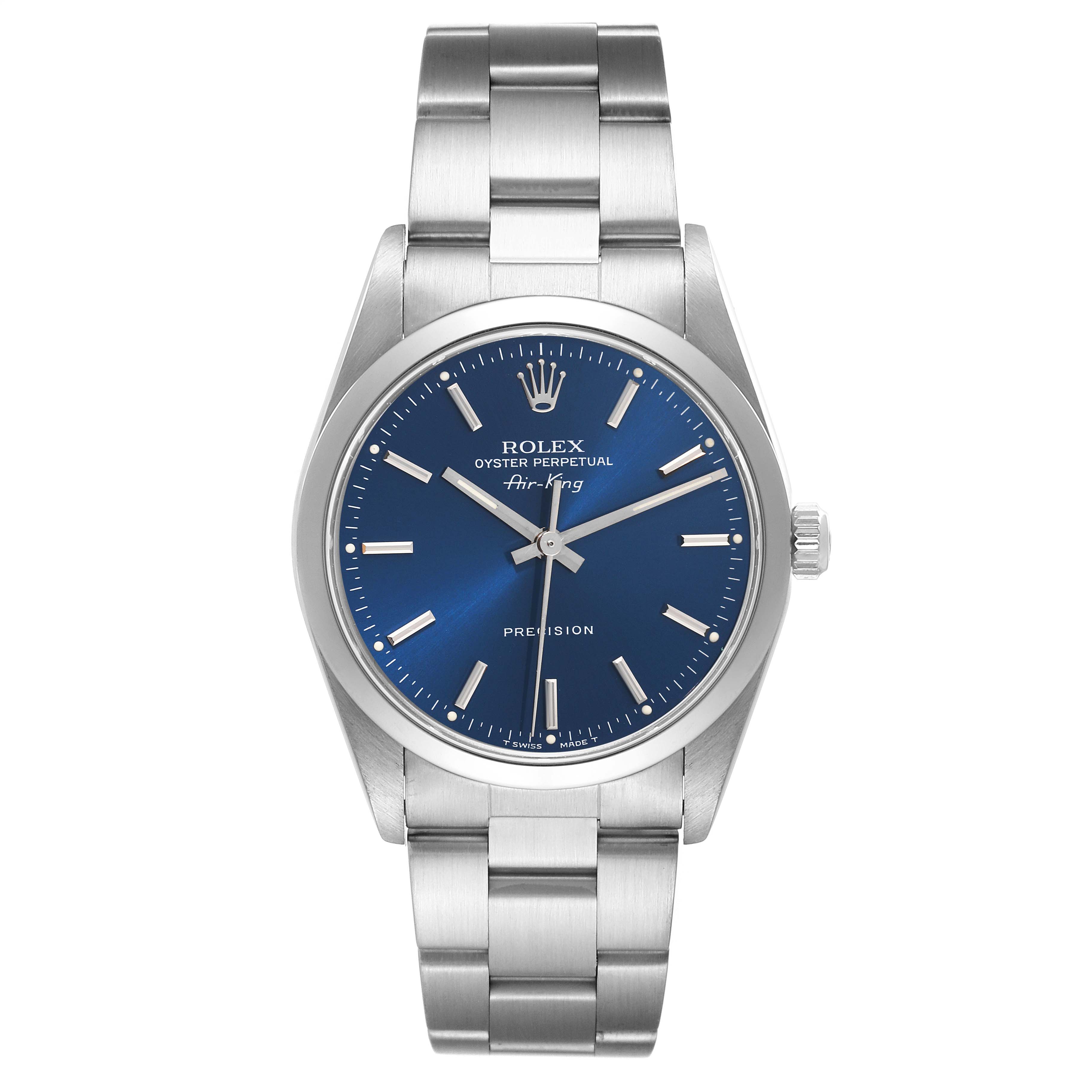 This Rolex Air-King 14000 Men's Stainless Steel Blue Dial 14000 Men's Stainless Steel Blue Dial watch is shown from a front view, displaying its blue dial, markers, hands, and bracelet.