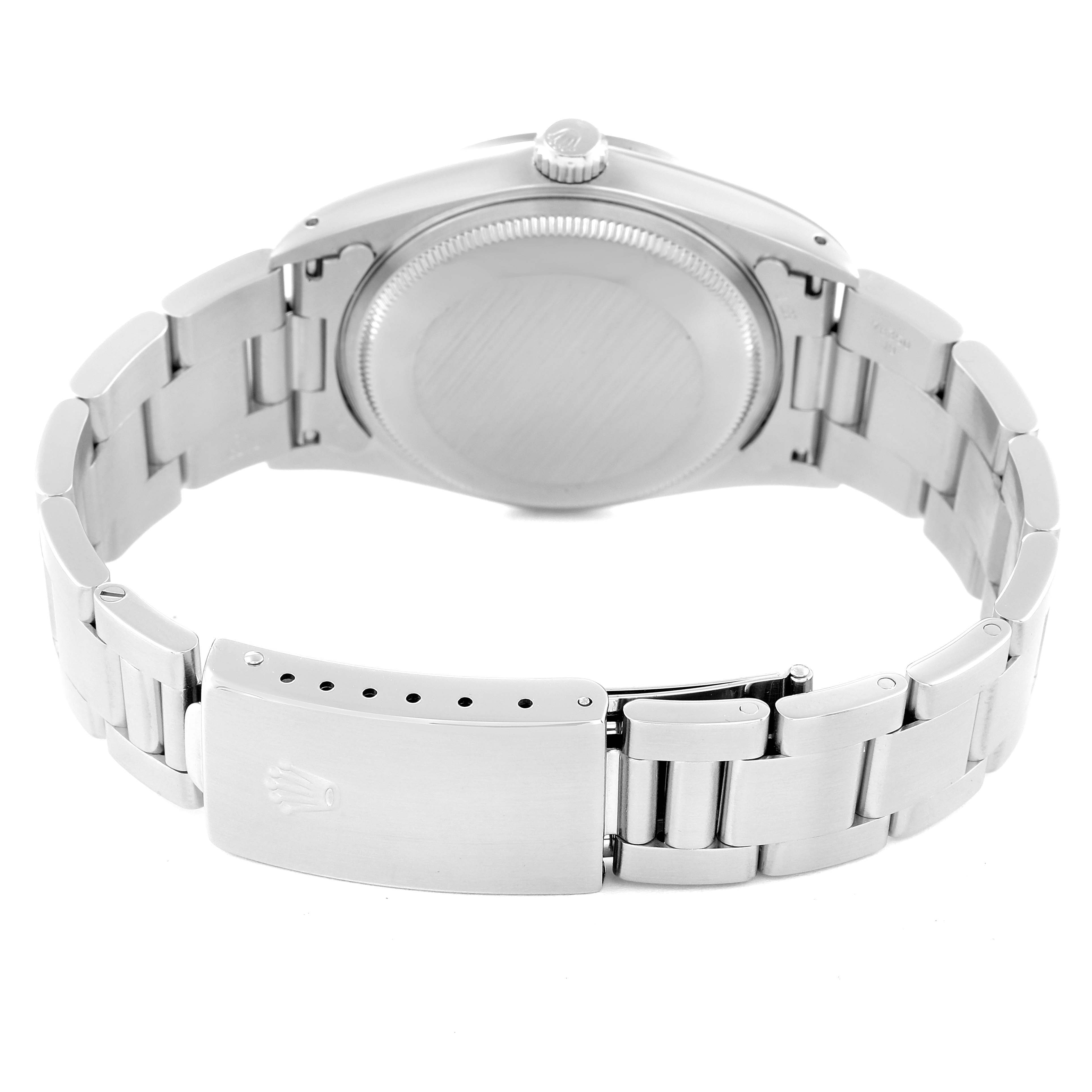 The image shows the back view of a Rolex Air-King 14000 Men's Stainless Steel Blue Dial 14000 Men's Stainless Steel Blue Dial watch, focusing on the clasp and case back.