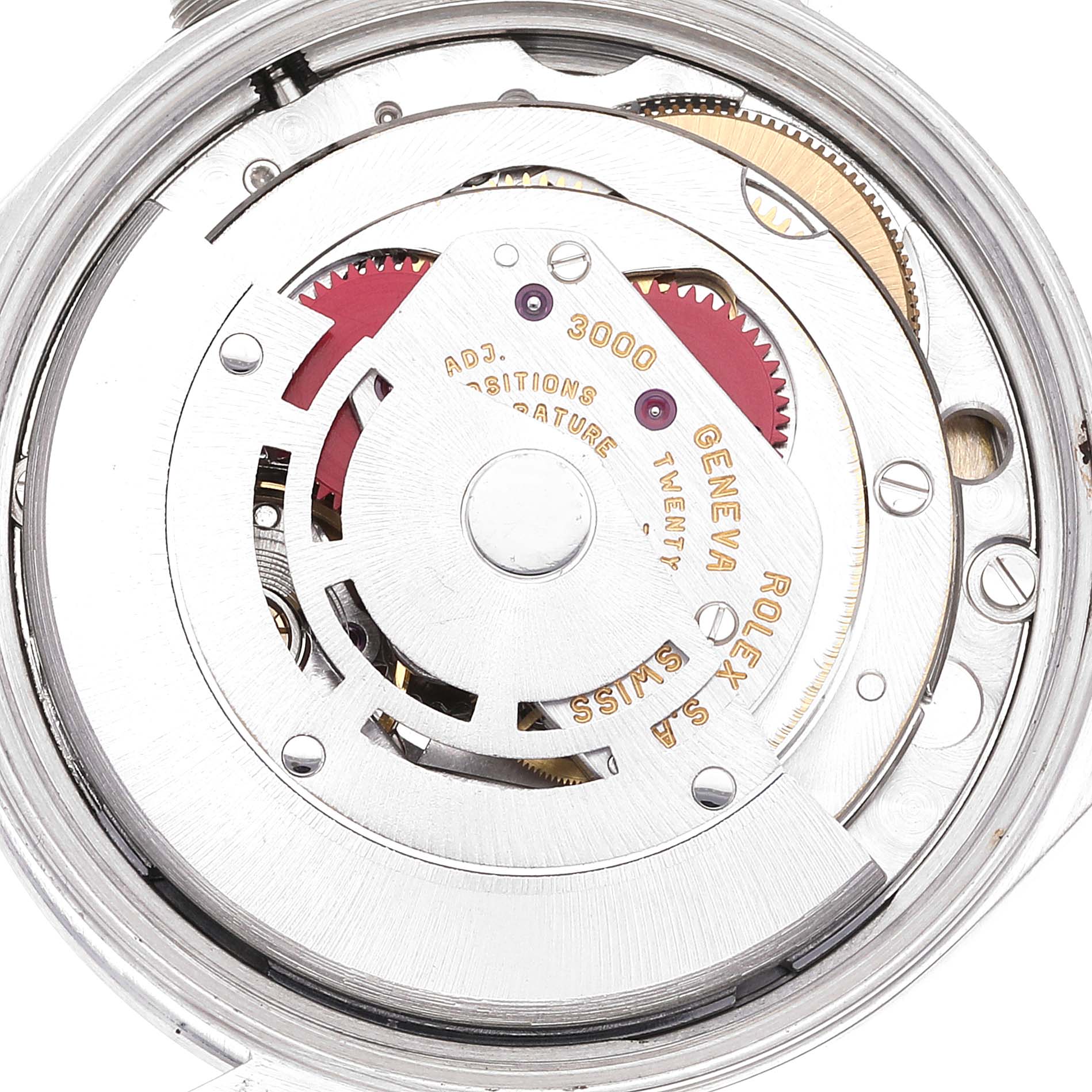 This image shows a close-up of the movement inside a Rolex Air-King 14000 Men's Stainless Steel Blue Dial 14000 Men's Stainless Steel Blue Dial watch.