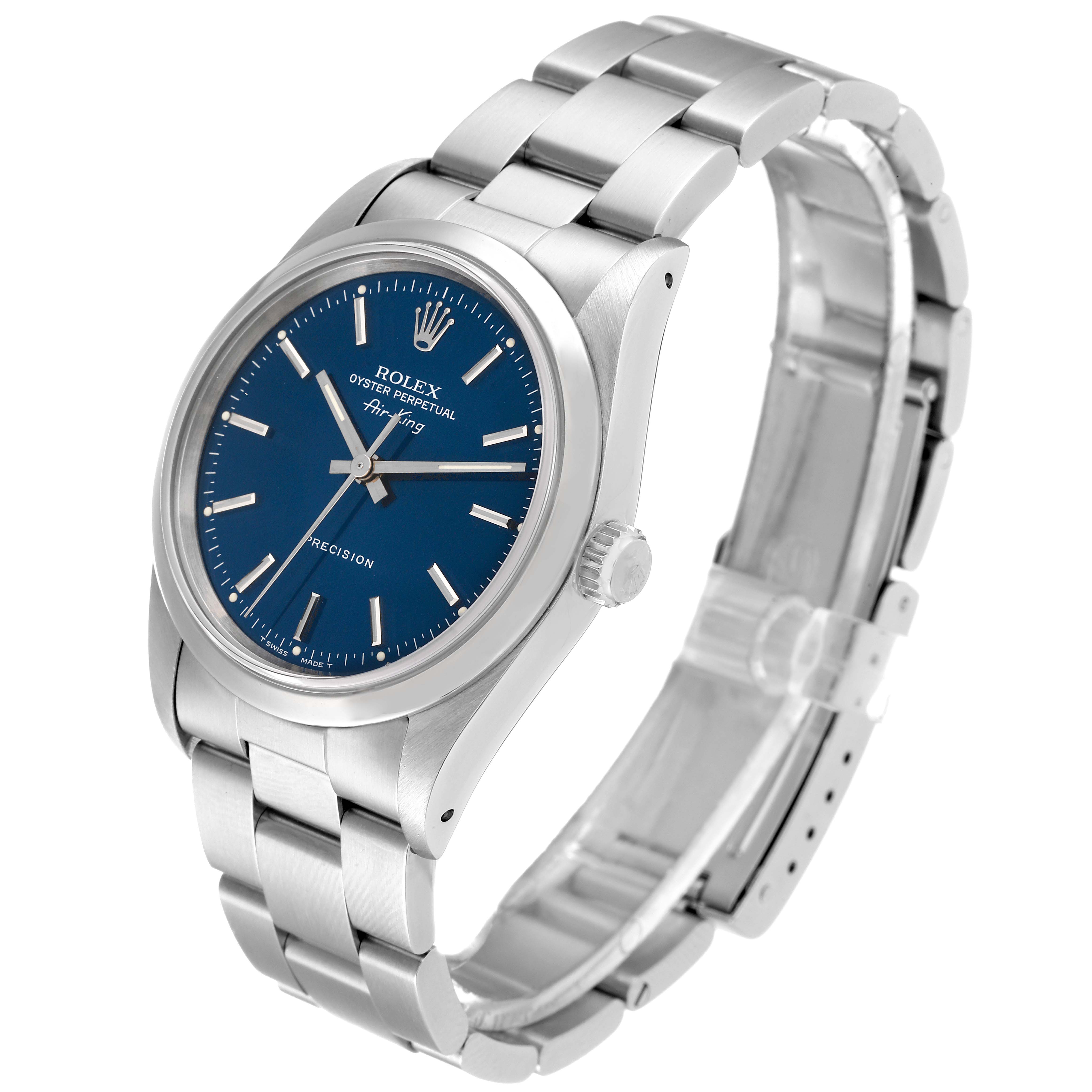 The image shows a Rolex Air-King 14000 Men's Stainless Steel Blue Dial 14000 Men's Stainless Steel Blue Dial watch at a three-quarter angle, displaying the dial, case, and part of the bracelet.