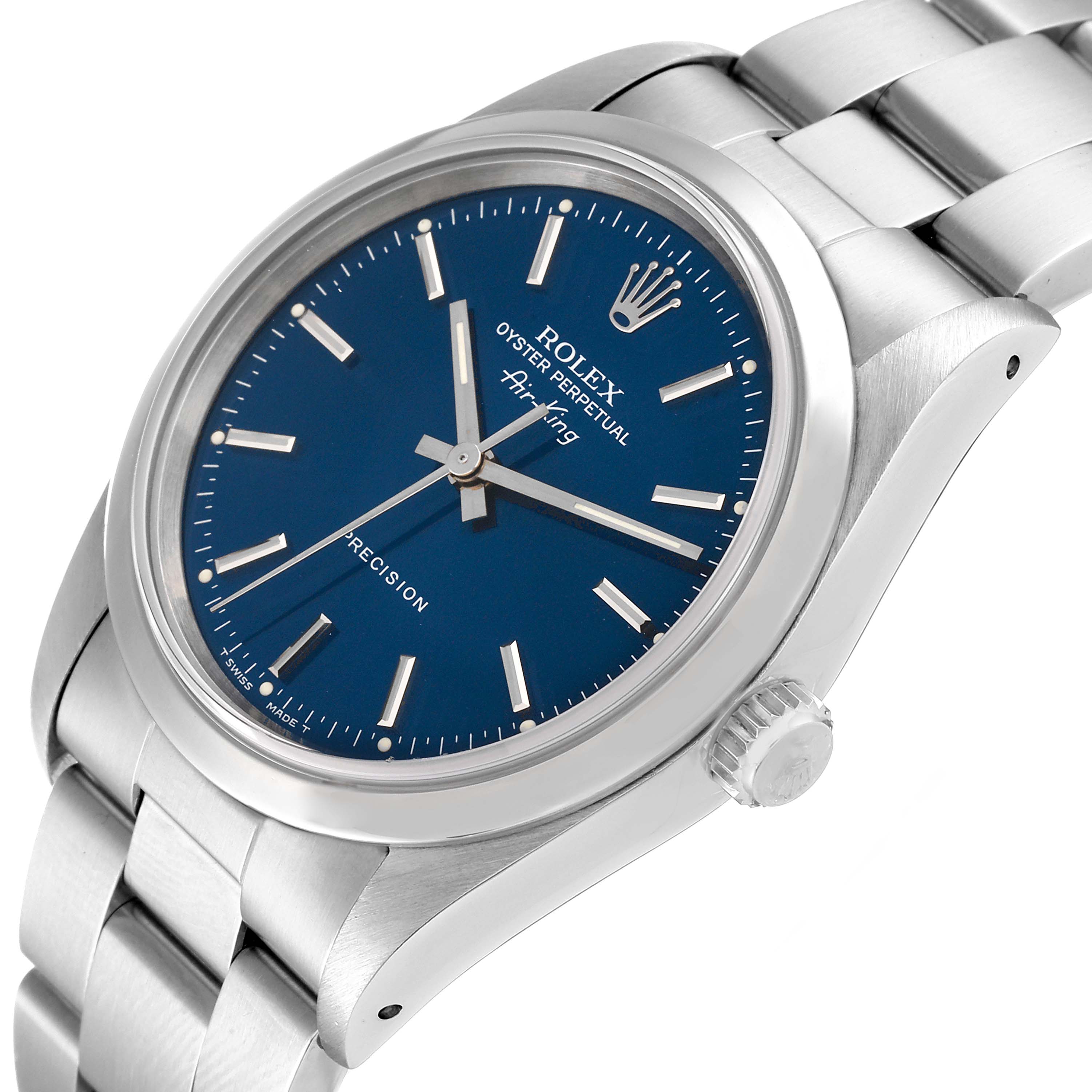 The image shows a close-up, angled view of a Rolex Air-King 14000 Men's Stainless Steel Blue Dial 14000 Men's Stainless Steel Blue Dial watch, featuring the dial, bezel, and part of the bracelet.