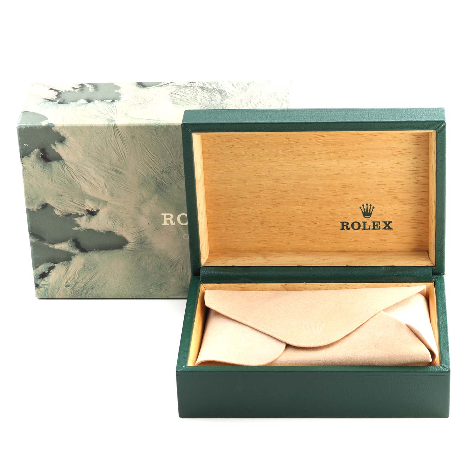 The image shows the packaging for a Rolex Air-King 14000 Men's Stainless Steel Blue Dial 14000 Men's Stainless Steel Blue Dial watch, including the outer box and an open inner wooden box with a beige pouch inside.