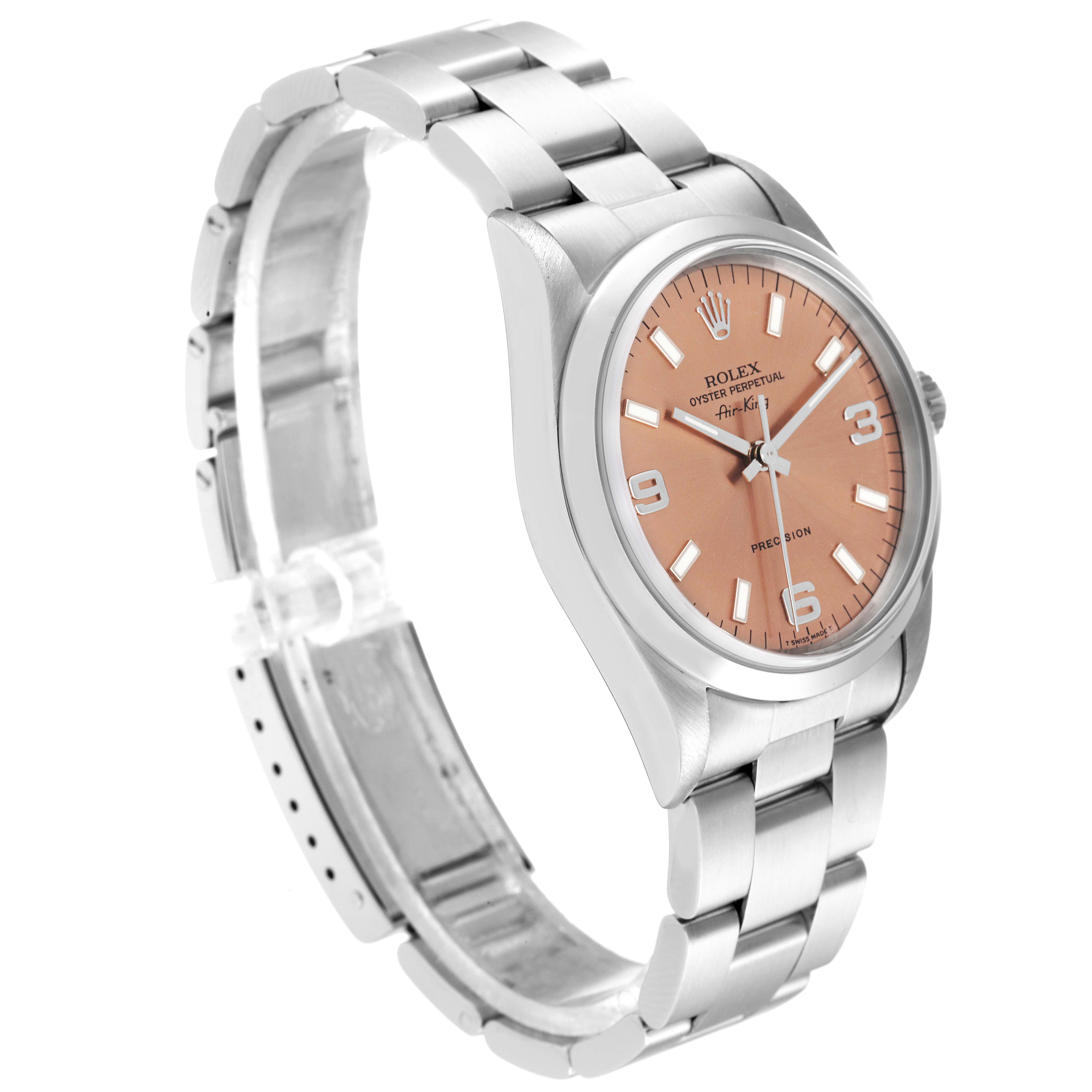 The image shows a side angle of a Rolex Air-King 14000 Men's Stainless Steel Pink Dial 14000 Men's Stainless Steel Pink Dial watch, displaying its dial, bezel, case, and bracelet.