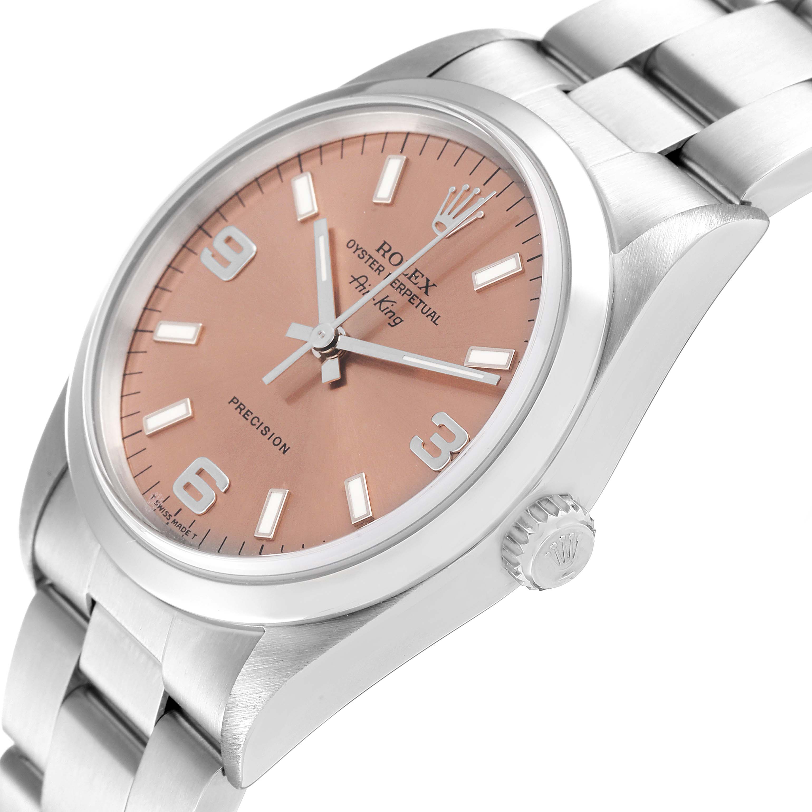 The image shows a side view of a Rolex Air-King 14000 Men's Stainless Steel Pink Dial 14000 Men's Stainless Steel Pink Dial watch, focusing on the dial, crown, and part of the bracelet.