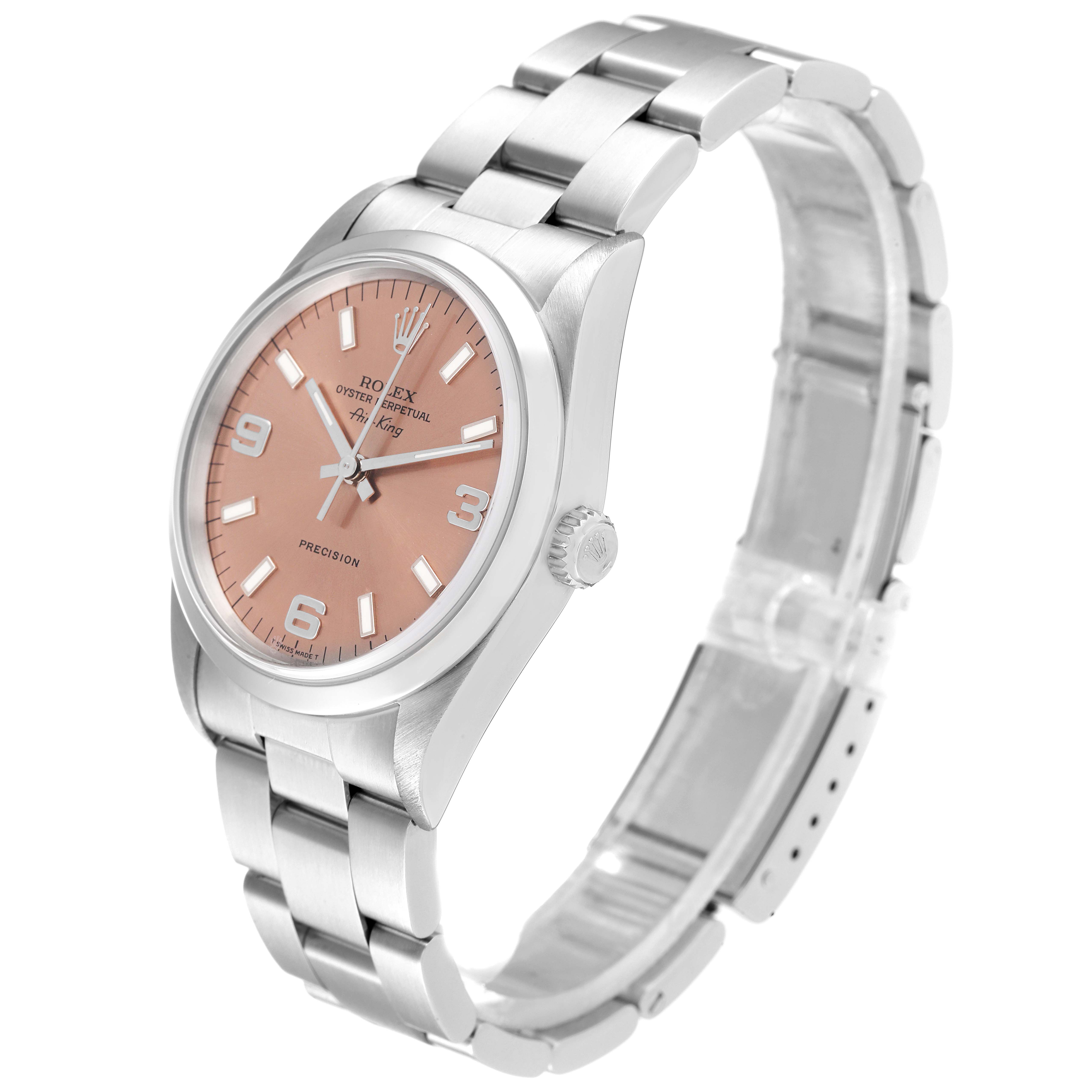 The Rolex Air-King 14000 Men's Stainless Steel Pink Dial 14000 Men's Stainless Steel Pink Dial watch is shown at a side angle, displaying the face, bezel, crown, and full bracelet.