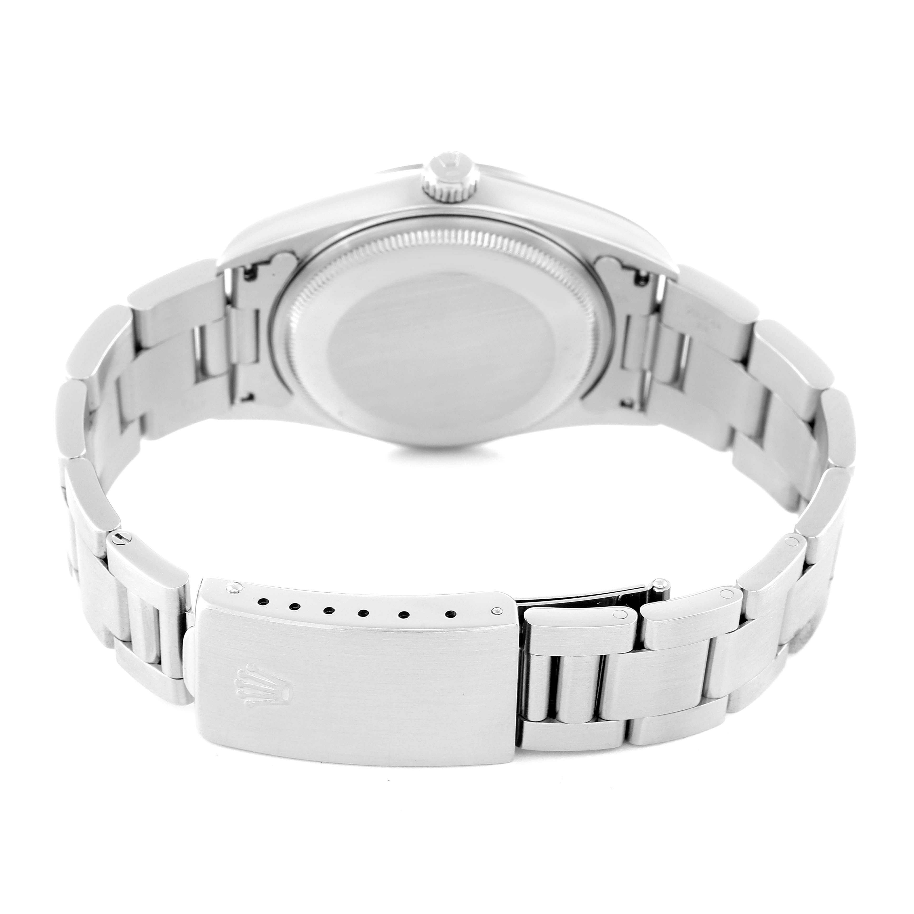 The image shows the back and bracelet of the Rolex Air-King 14000 Men's Stainless Steel Black Dial 14000 Men's Stainless Steel Black Dial watch with the clasp open.