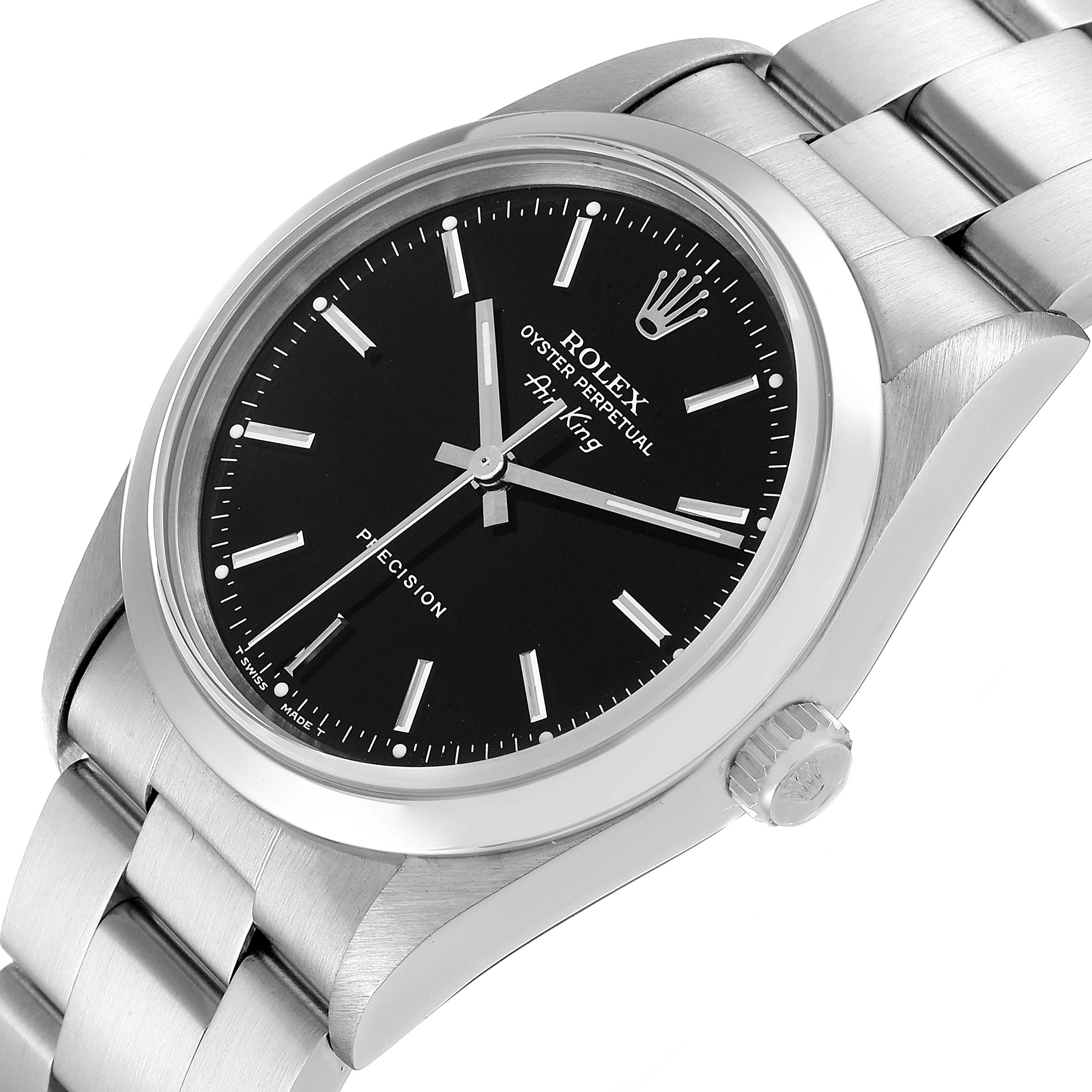 The image shows a top and slightly angled view of a Rolex Air-King 14000 Men's Stainless Steel Black Dial 14000 Men's Stainless Steel Black Dial watch, highlighting the dial, bezel, and part of the bracelet.